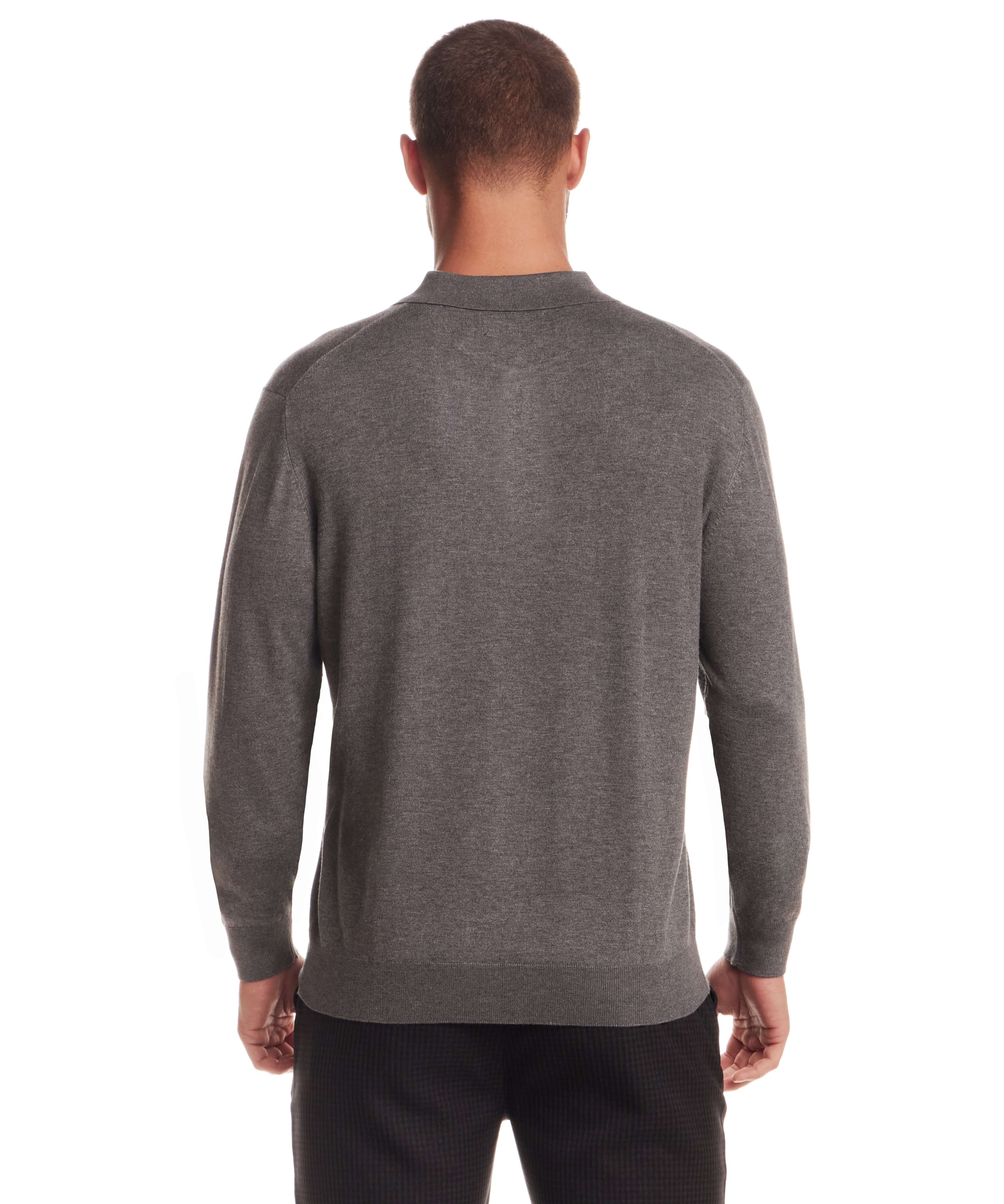 Long Sleeve Polo Sweater in Medium Grey shown from the back with a refined knit and comfortable fit.