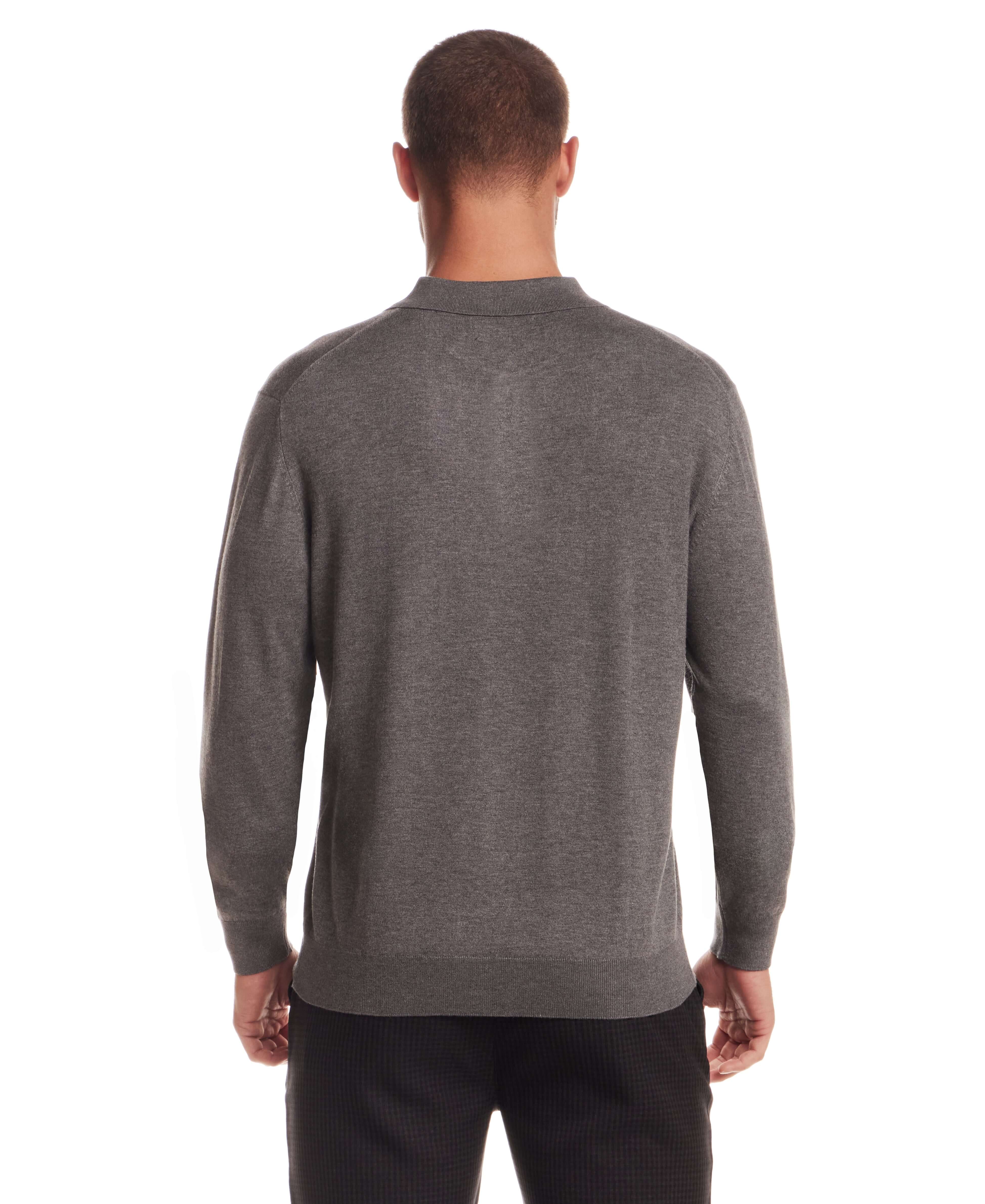 Long Sleeve Polo Sweater in Medium Grey shown from the back with a refined knit and comfortable fit.