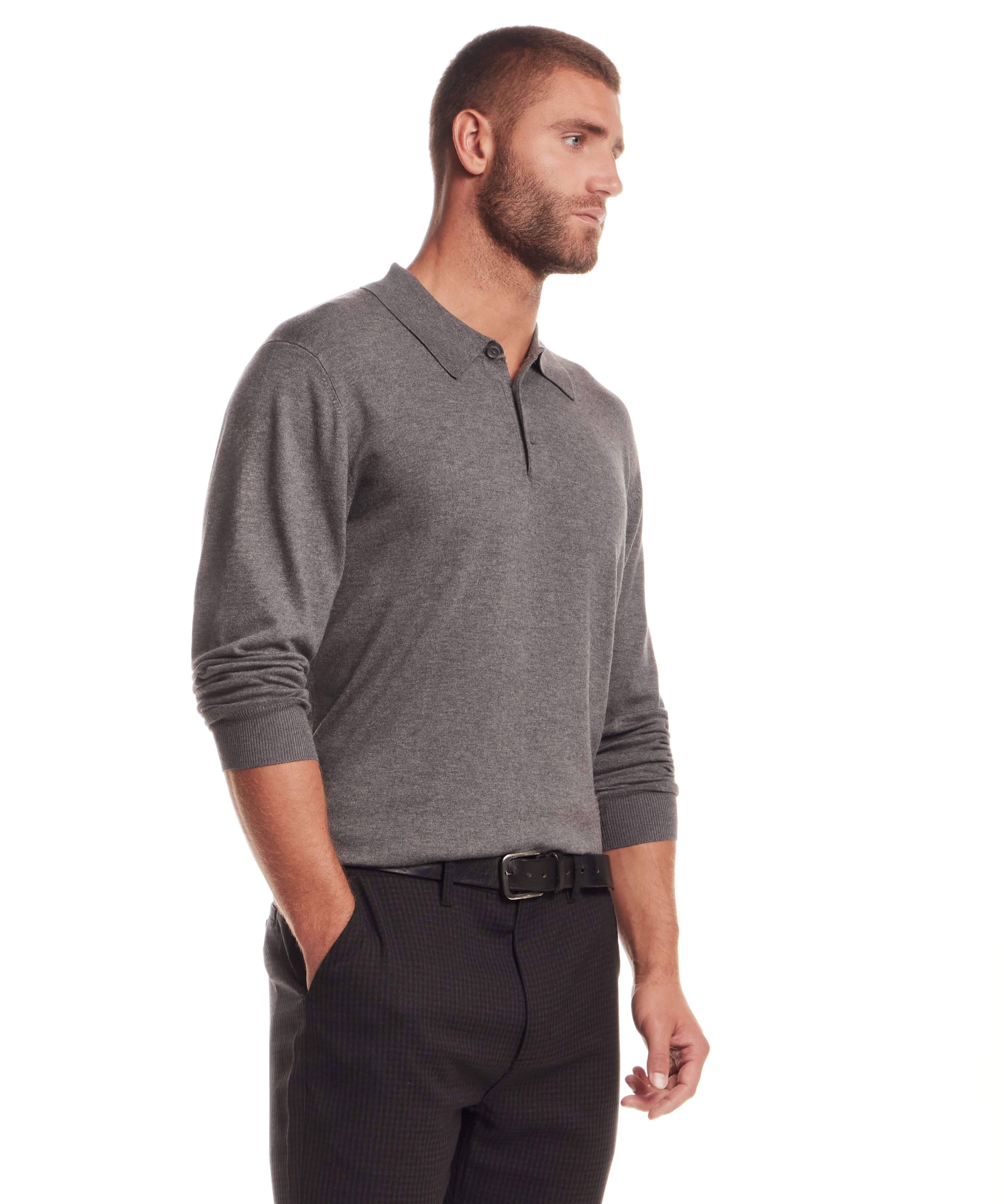 Long Sleeve Polo Sweater in Medium Grey worn by a model, featuring a polo collar and long sleeves.