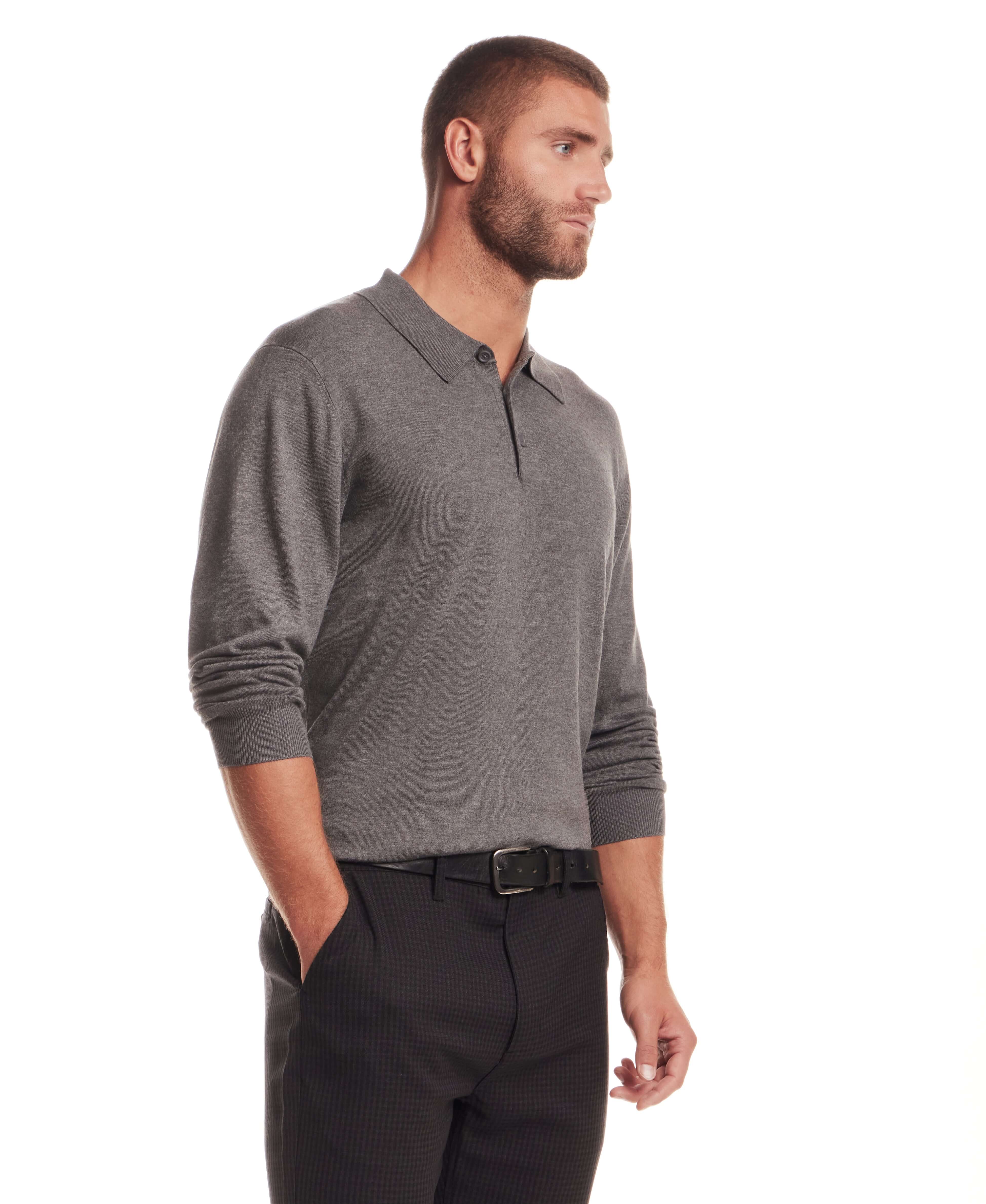 Long Sleeve Polo Sweater in Medium Grey worn by a model, featuring a polo collar and long sleeves.