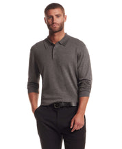 Long Sleeve Polo Sweater in Medium Grey worn by a model with a regular fit and pullover style.