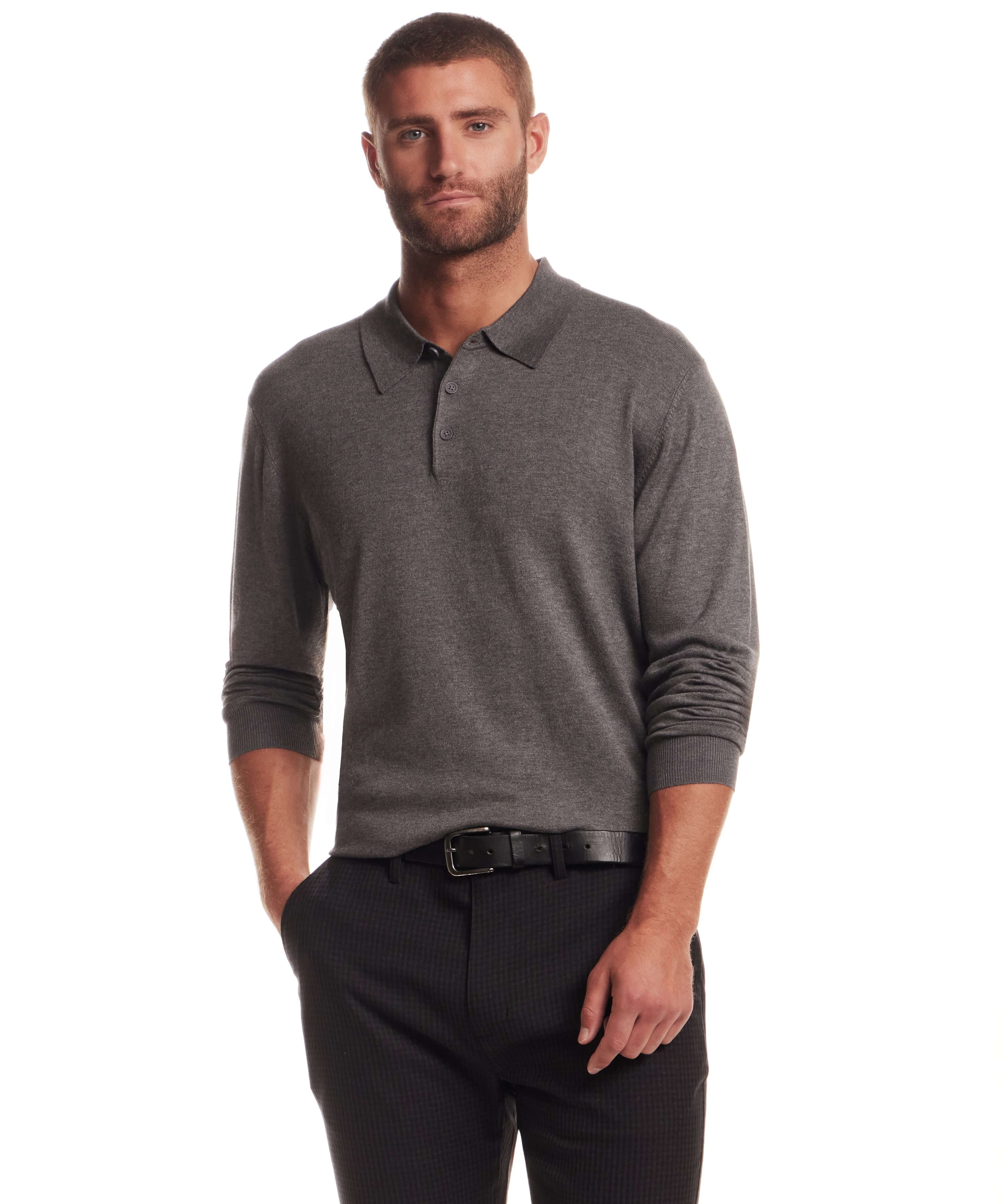 Long Sleeve Polo Sweater in Medium Grey worn by a model with a regular fit and pullover style.
