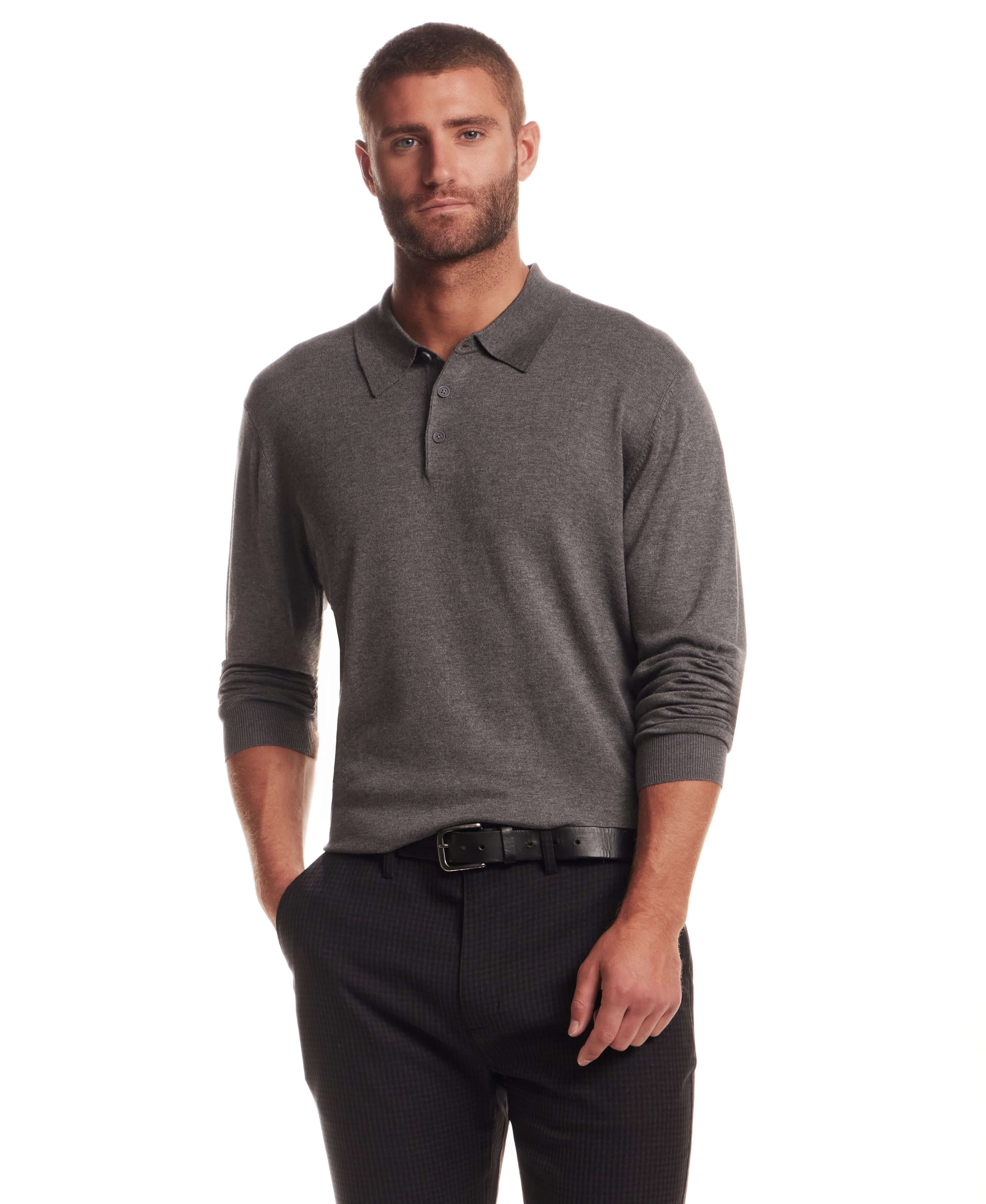 Long Sleeve Polo Sweater in Medium Grey worn by a model with a regular fit and pullover style.