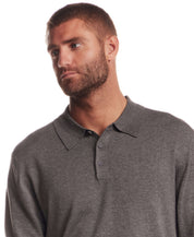 Long Sleeve Polo Sweater in Medium Grey worn by a model, showcasing the clean silhouette and polo collar design.
