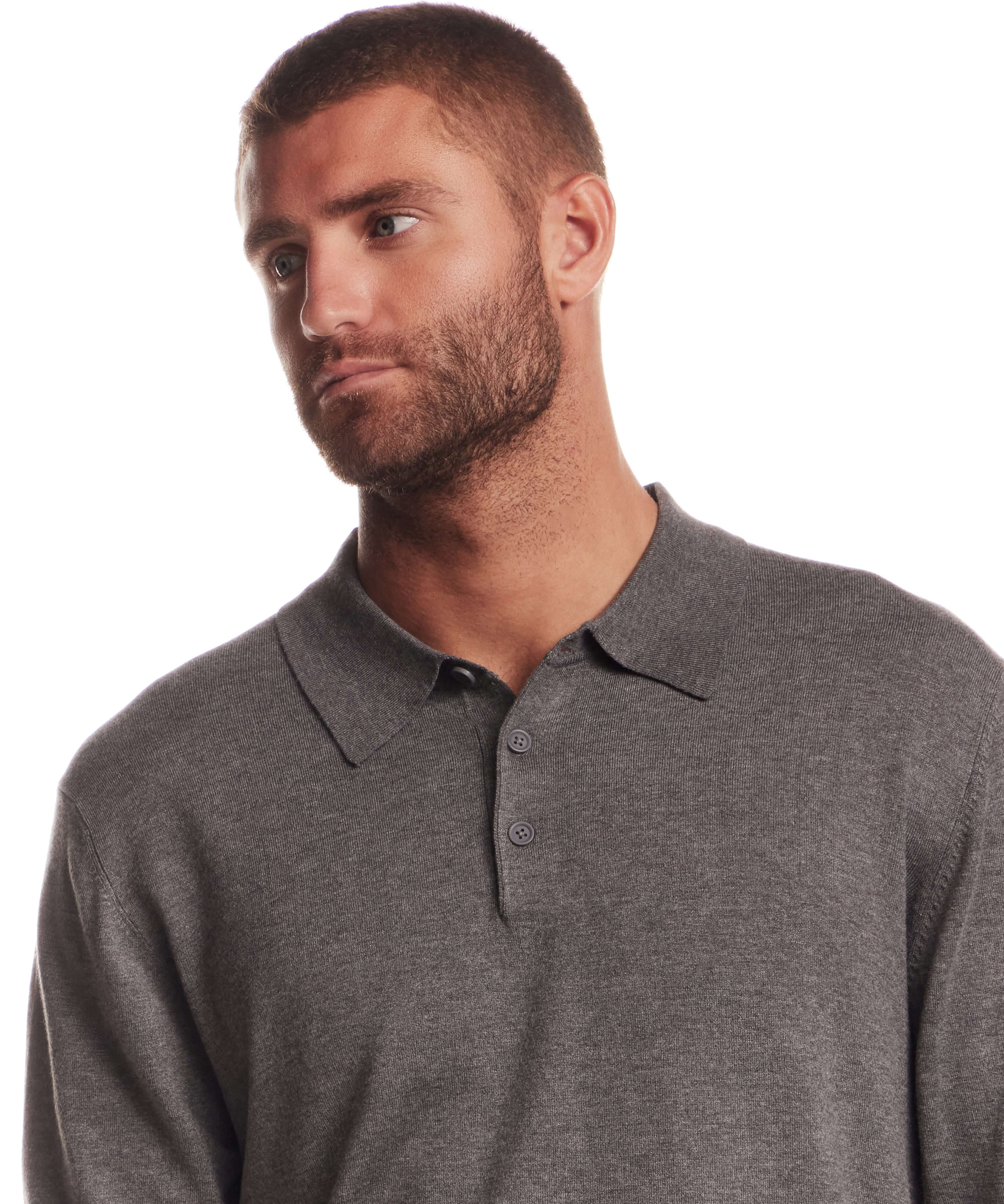 Long Sleeve Polo Sweater in Medium Grey worn by a model, showcasing the clean silhouette and polo collar design.
