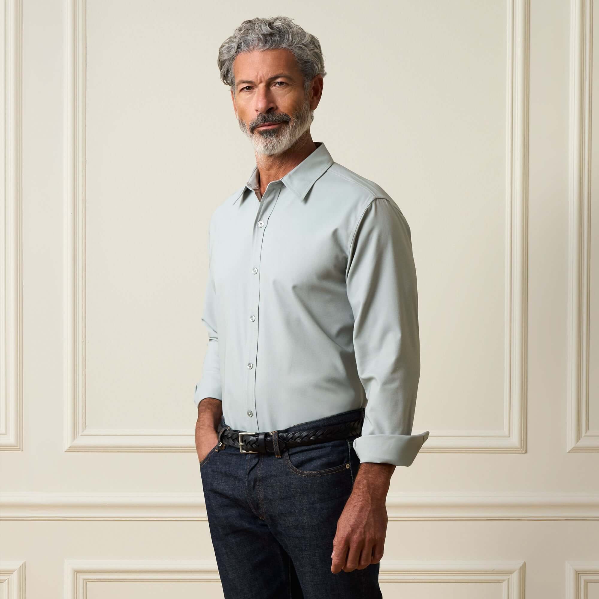 Long Sleeve Shirt in Medium Grey worn by a man, showcasing a classic style with button front and spread collar.