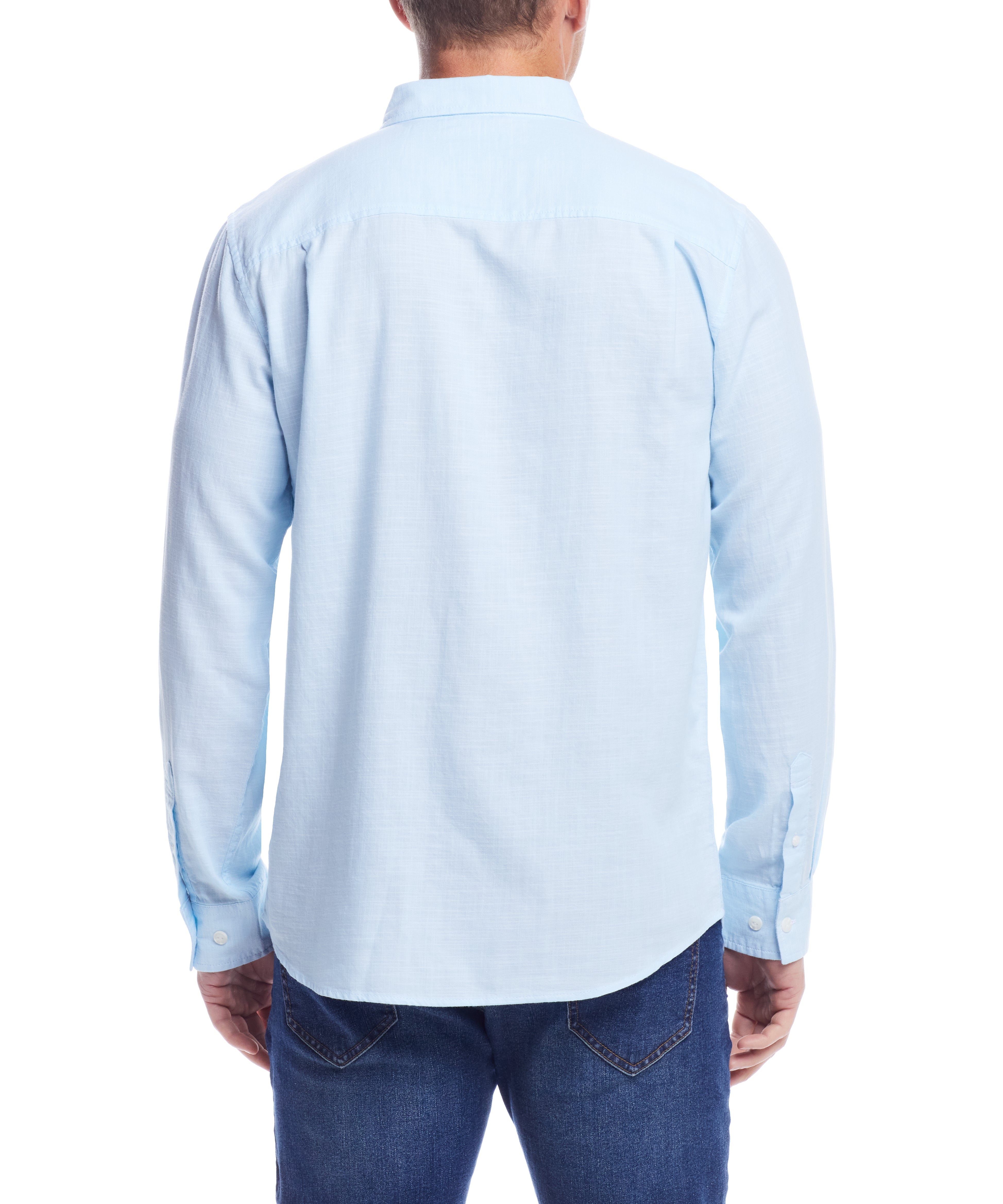 Back view of a model wearing a Long Sleeve Solid Cotton Twill Shirt In Crystal Blue, showcasing its sleek design.