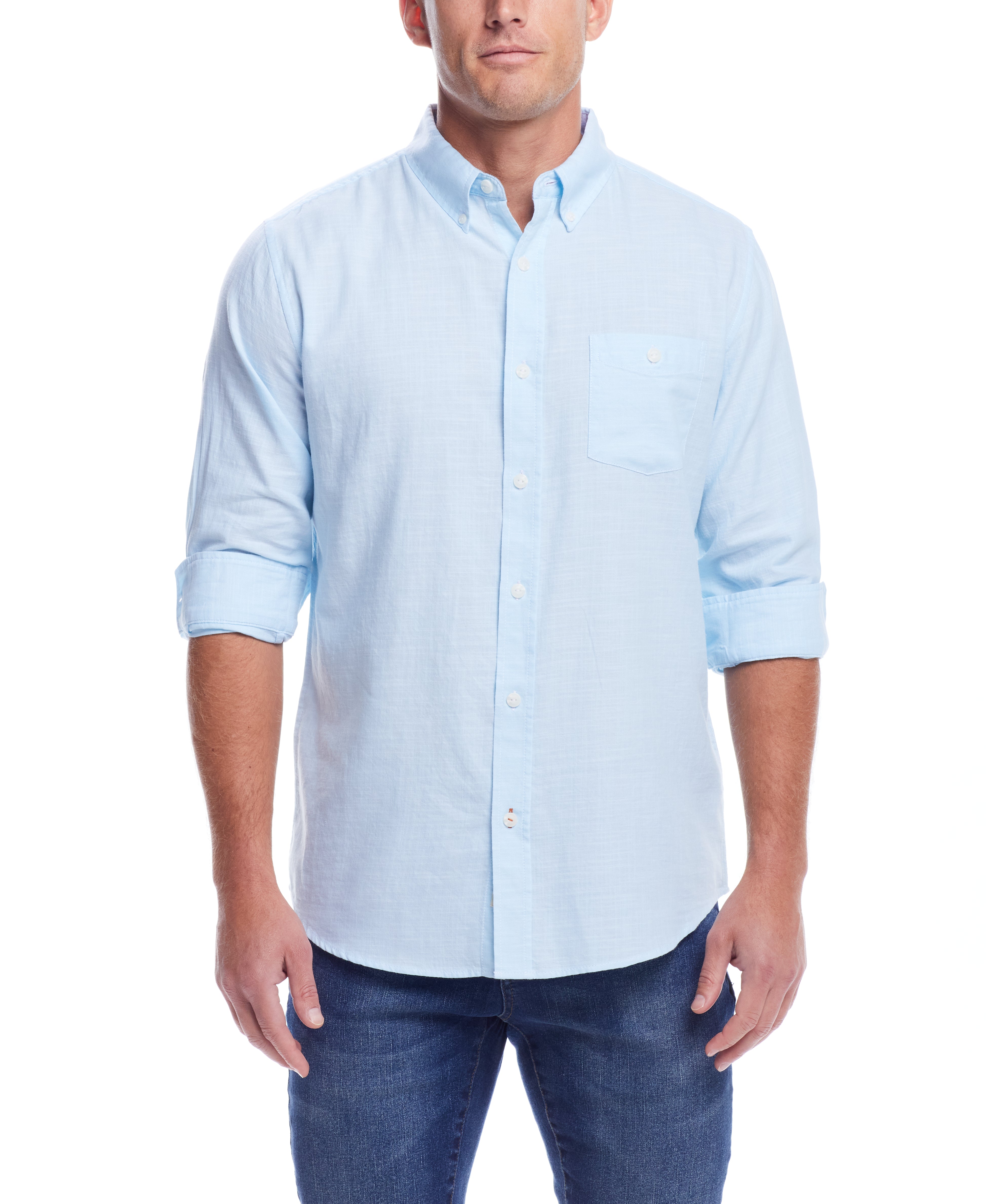 Long Sleeve Solid Cotton Twill Shirt In Crystal Blue worn by a model with rolled sleeves, showcasing its classic design.