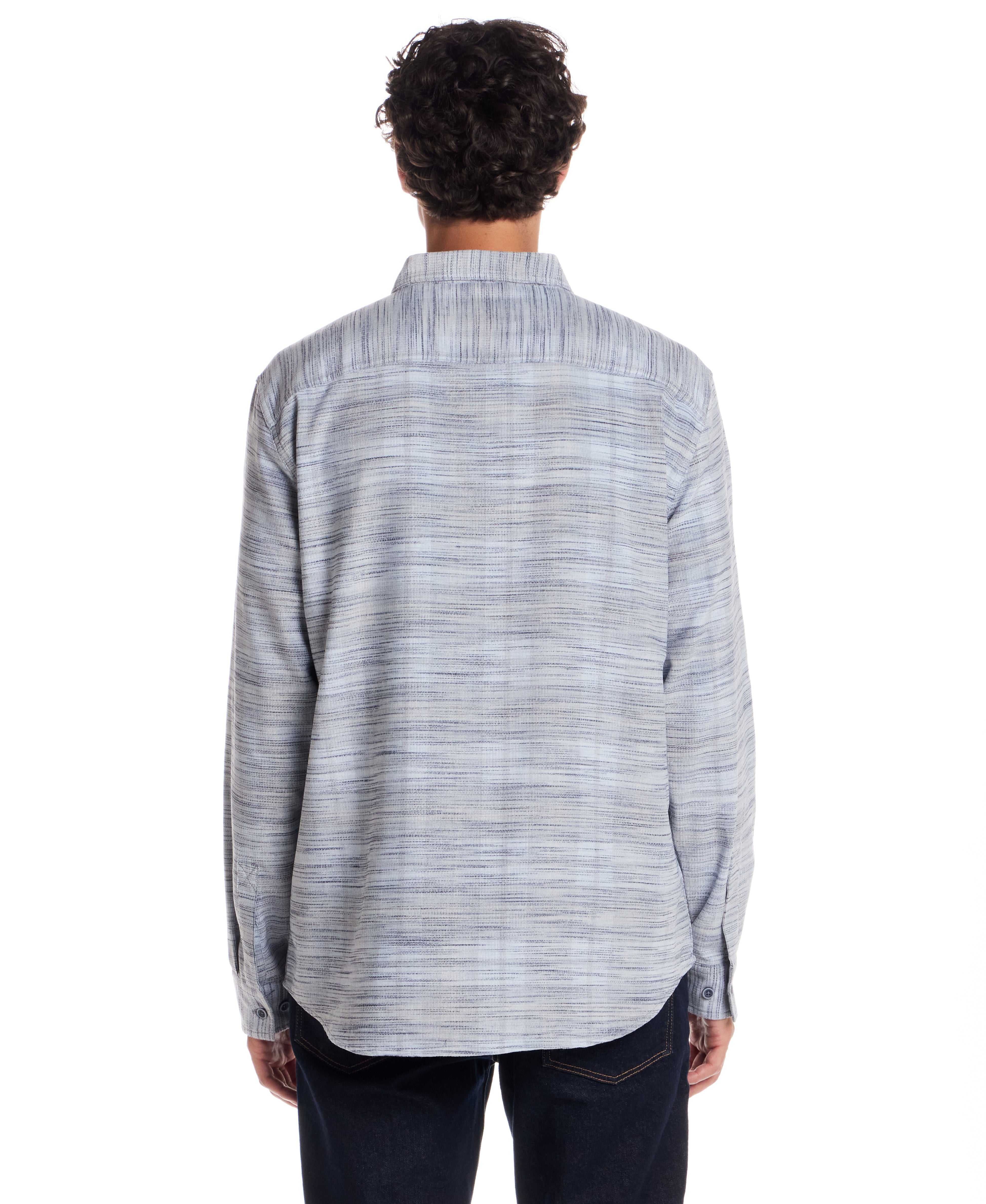 Back view of Long Sleeve Space Dye Shirt in Spring Lake showcasing smooth corduroy texture and relaxed fit.