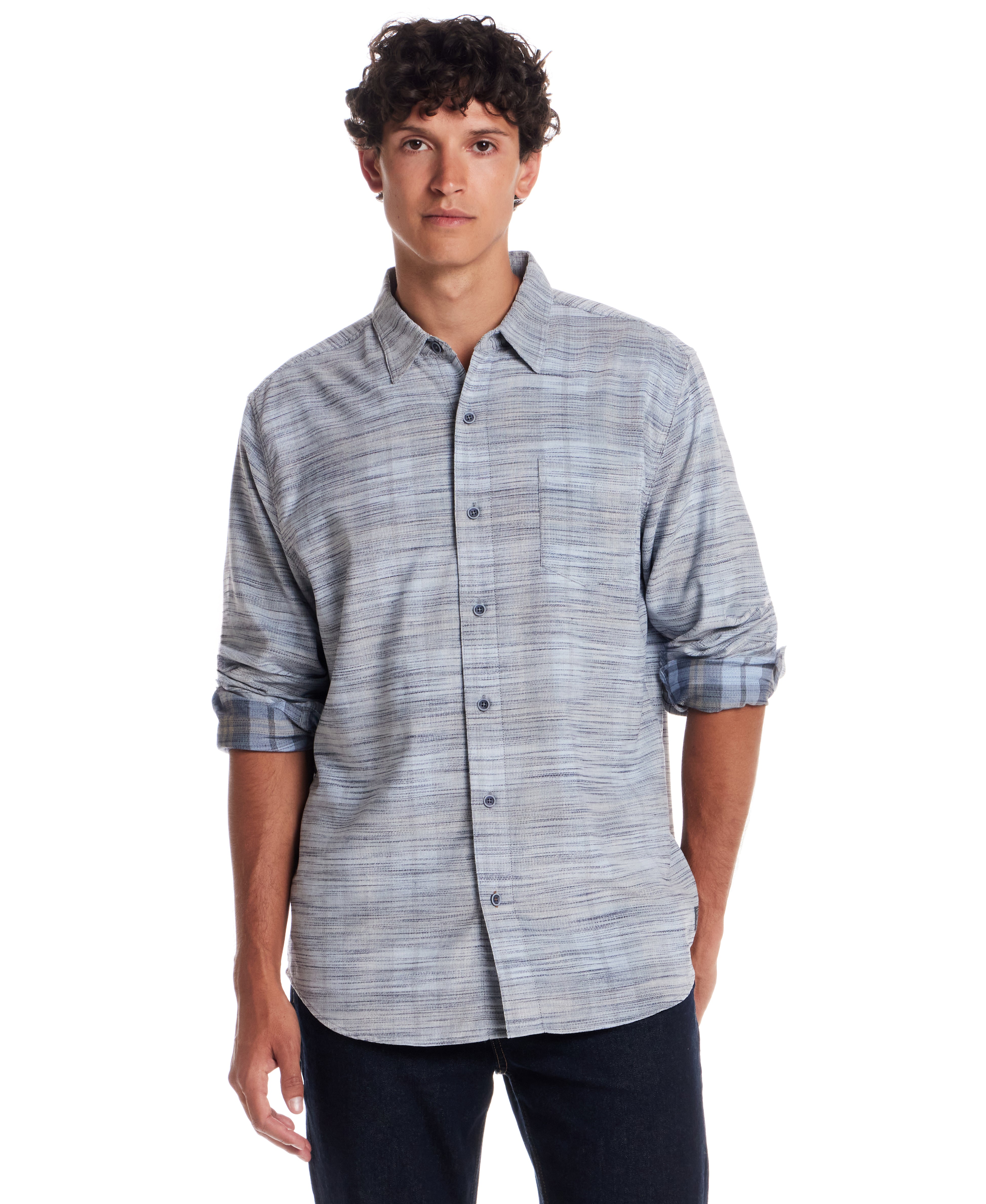 Long Sleeve Space Dye Shirt in Spring Lake worn by a model, showcasing its soft fabric and relaxed fit.