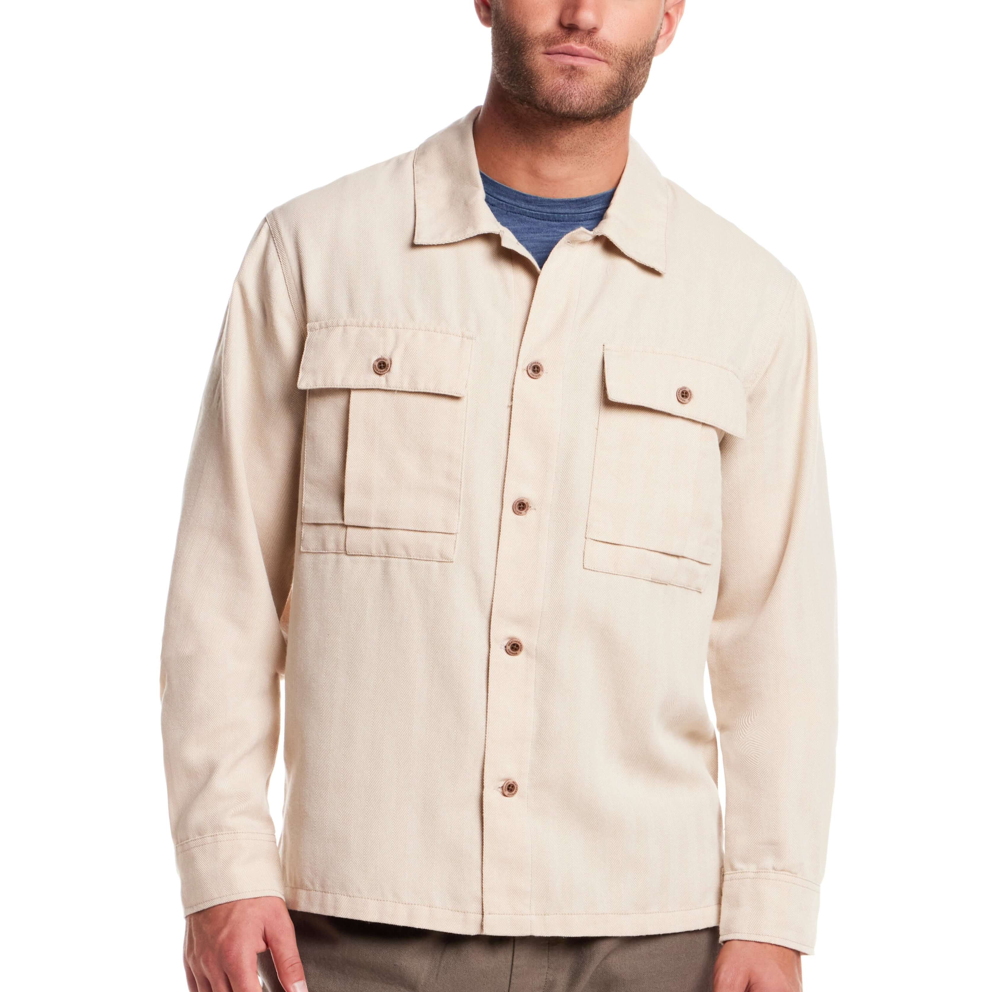 Long sleeve unlined utility shirt jacket in White Pepper, featuring herringbone pattern and button-through pockets.