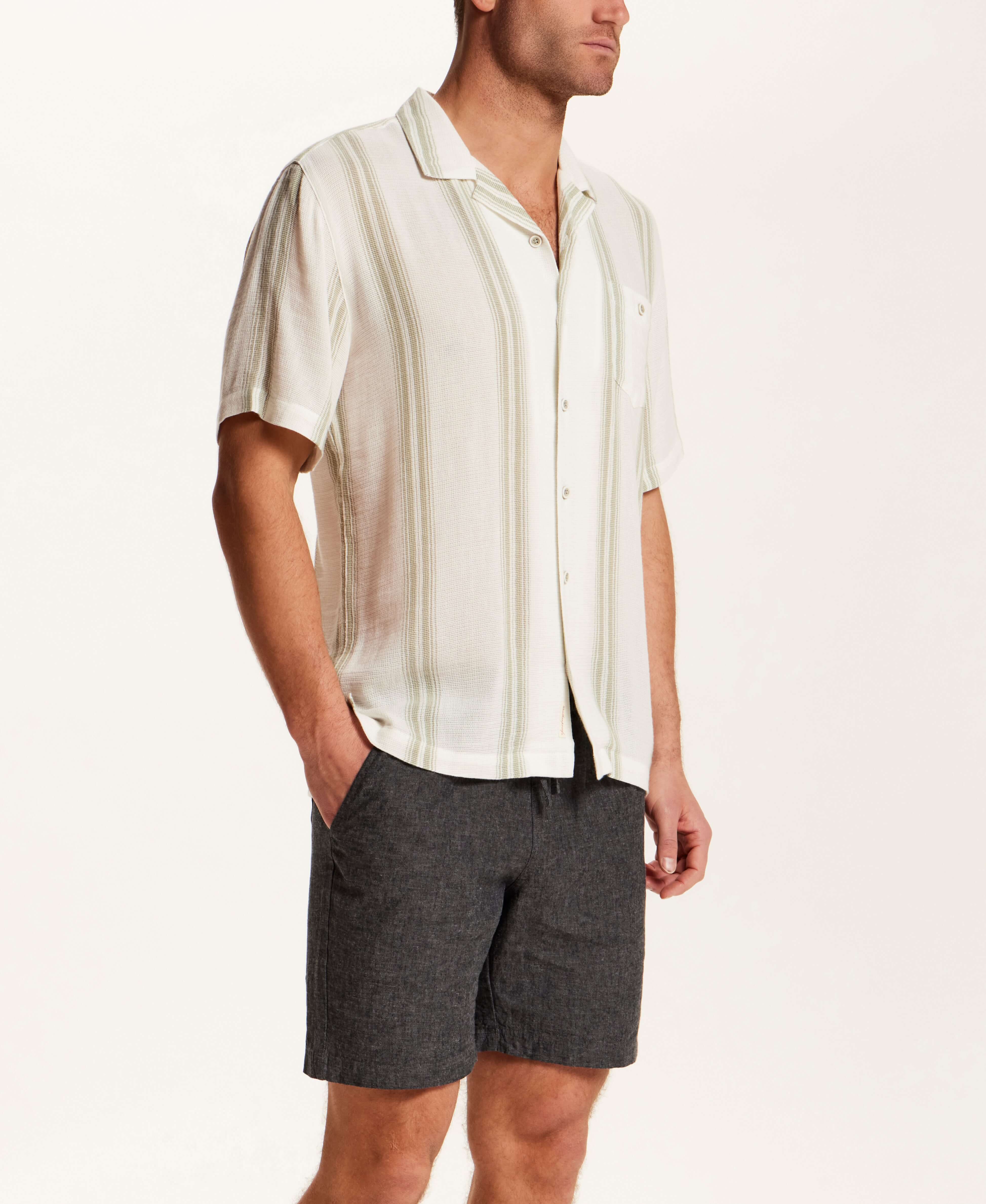 Airtex Stripe Camp Collar Shirt in Sea Grass