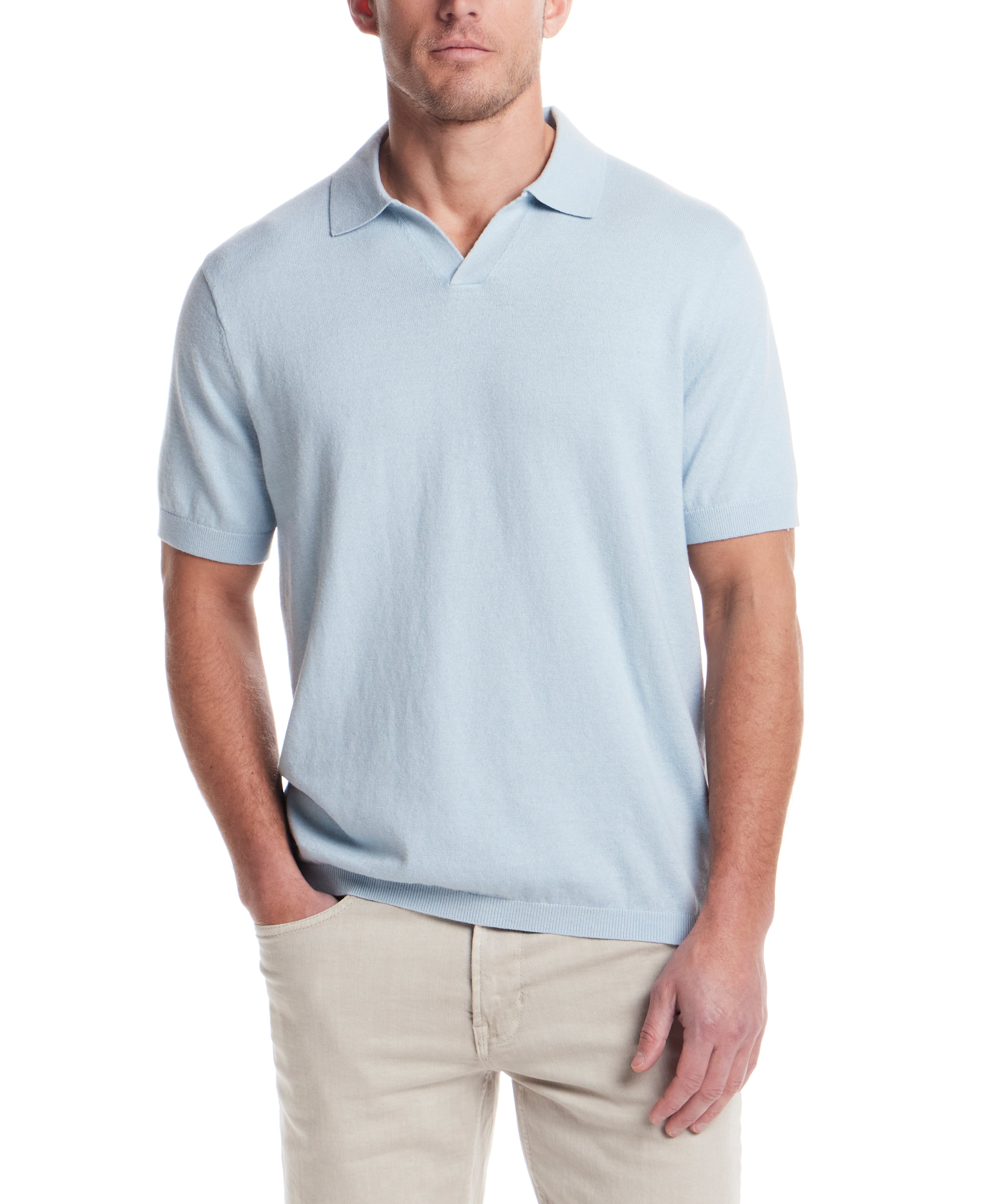 Cotton Cashmere Johnny Collar Sweater Polo in Aqua