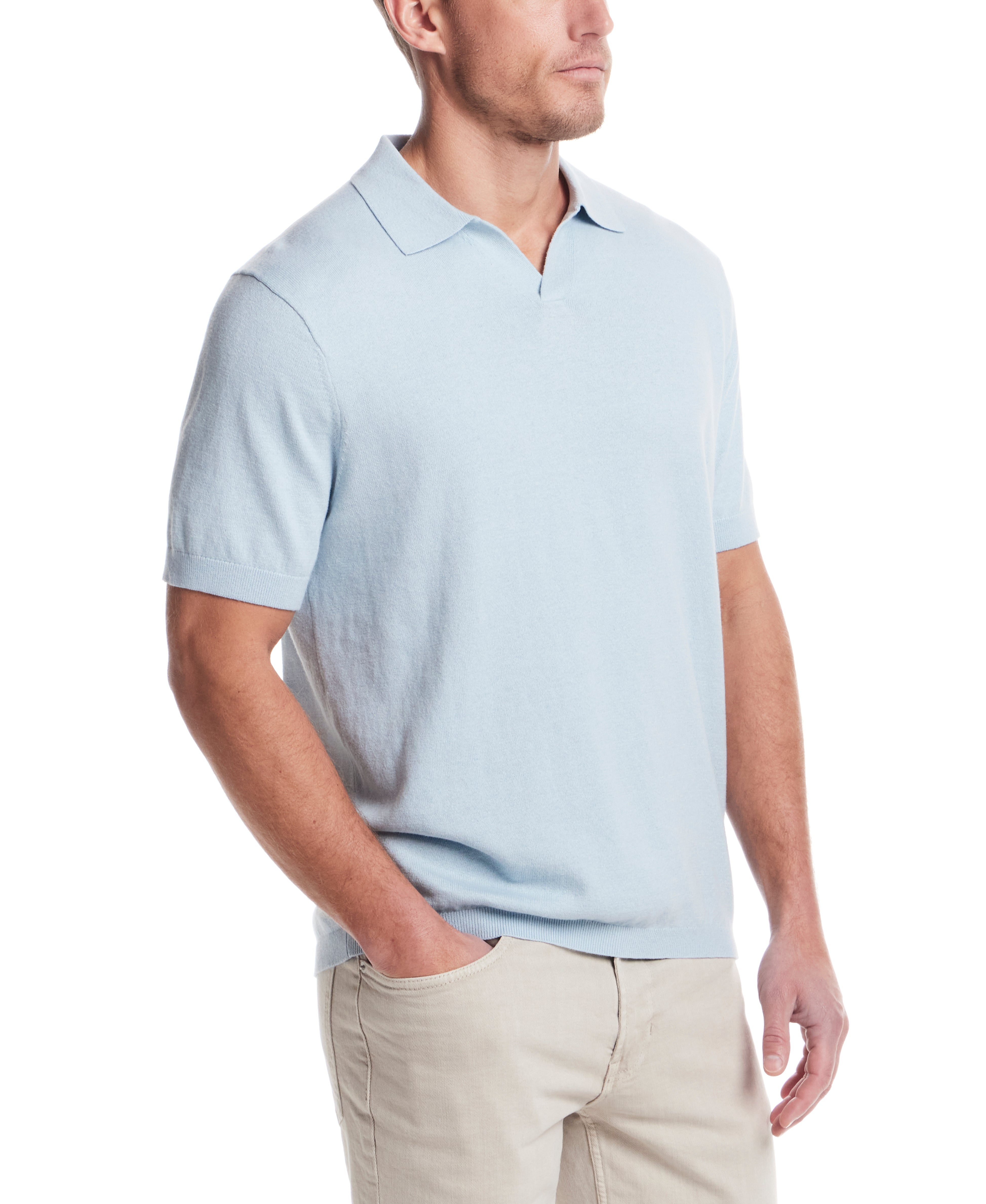 Cotton Cashmere Johnny Collar Sweater Polo in Aqua