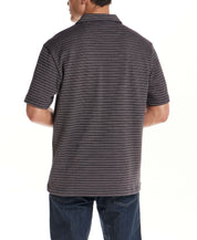 Back view of a man wearing a Jacquard Stripe Polo in Black, showcasing subtle striping texture.