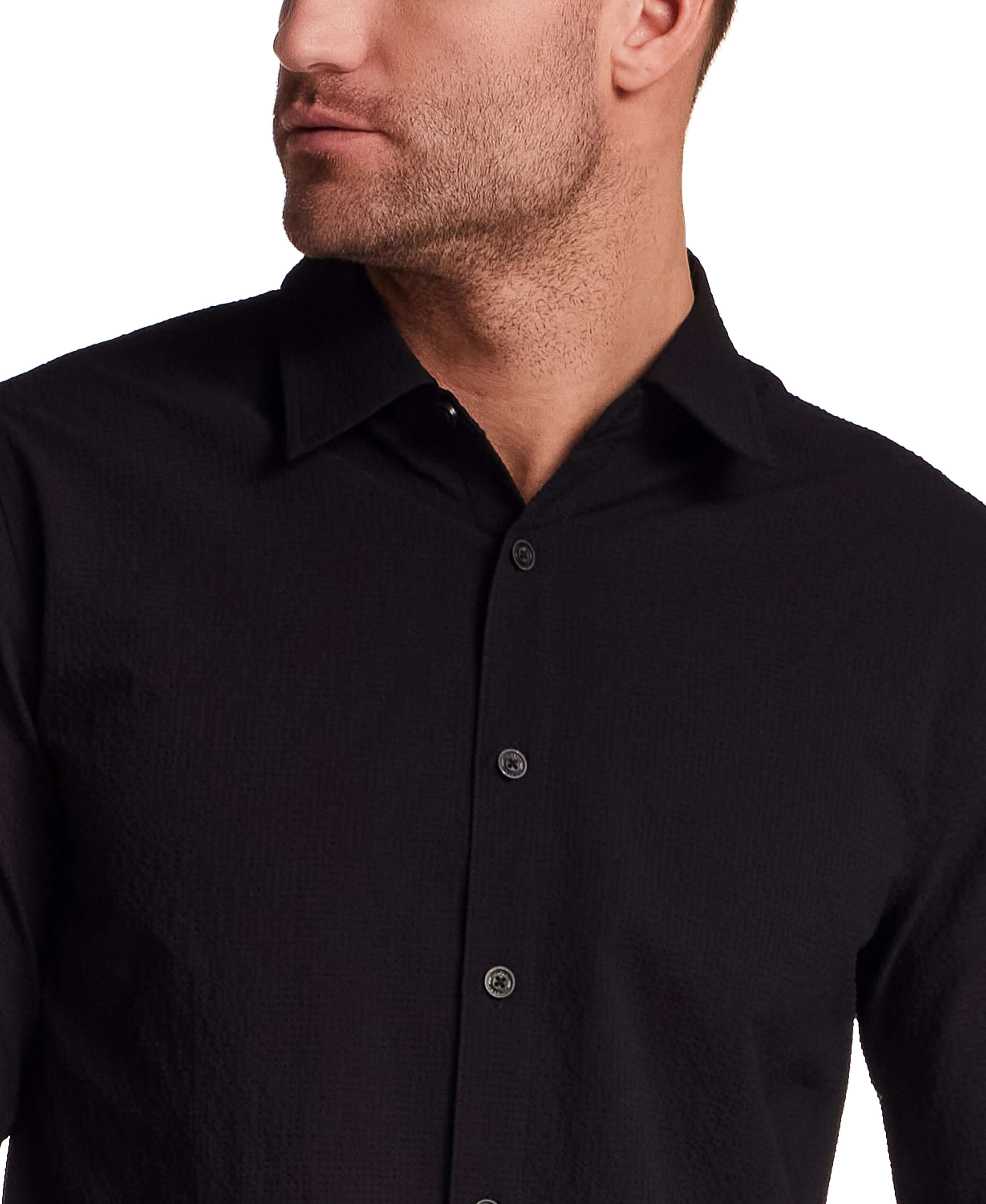 Seersucker Shirt in Black showcasing textured fabric and button-front design on a male model.