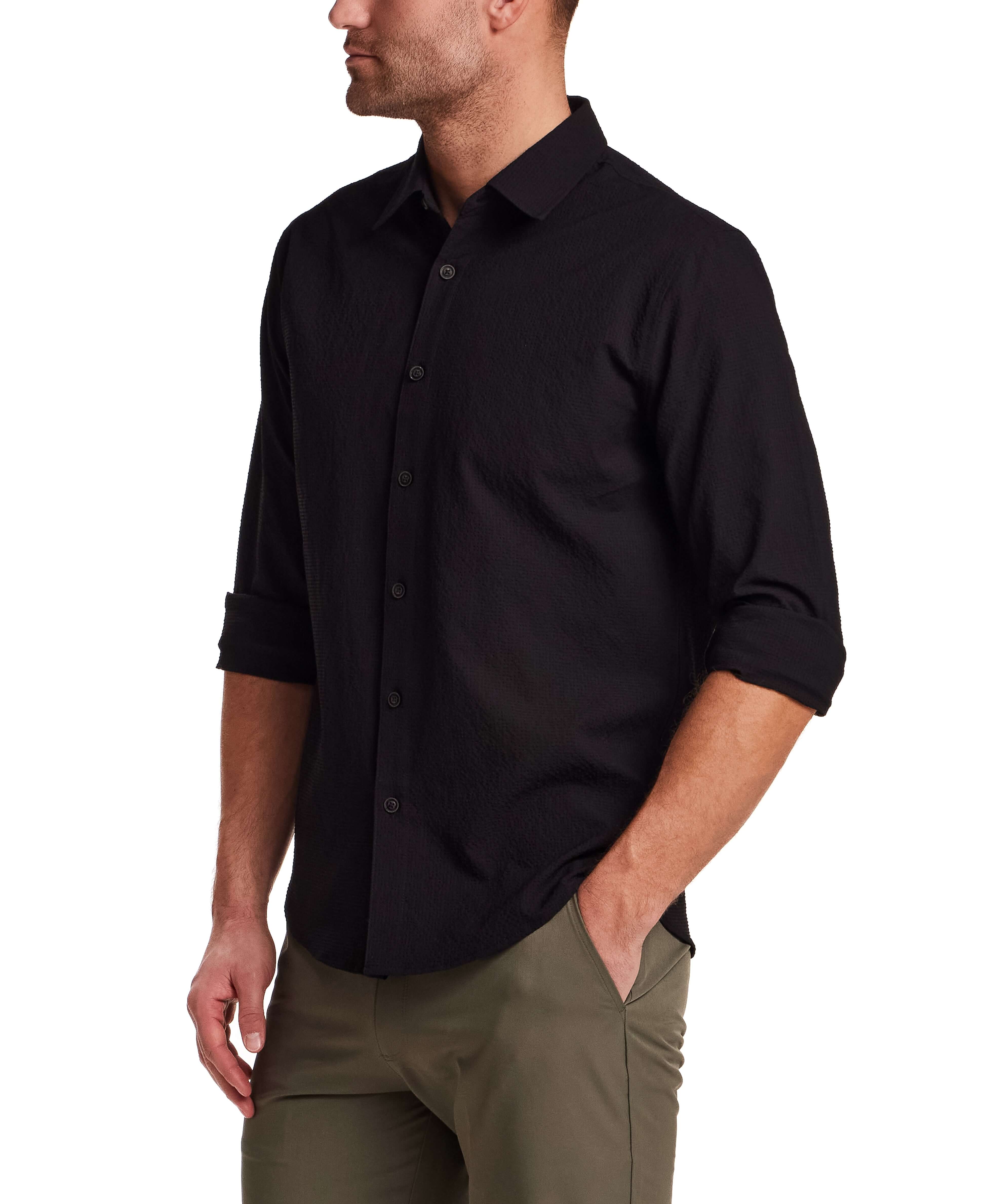 Seersucker Shirt in Black on male model showcasing its lightweight structure and subtle texture.
