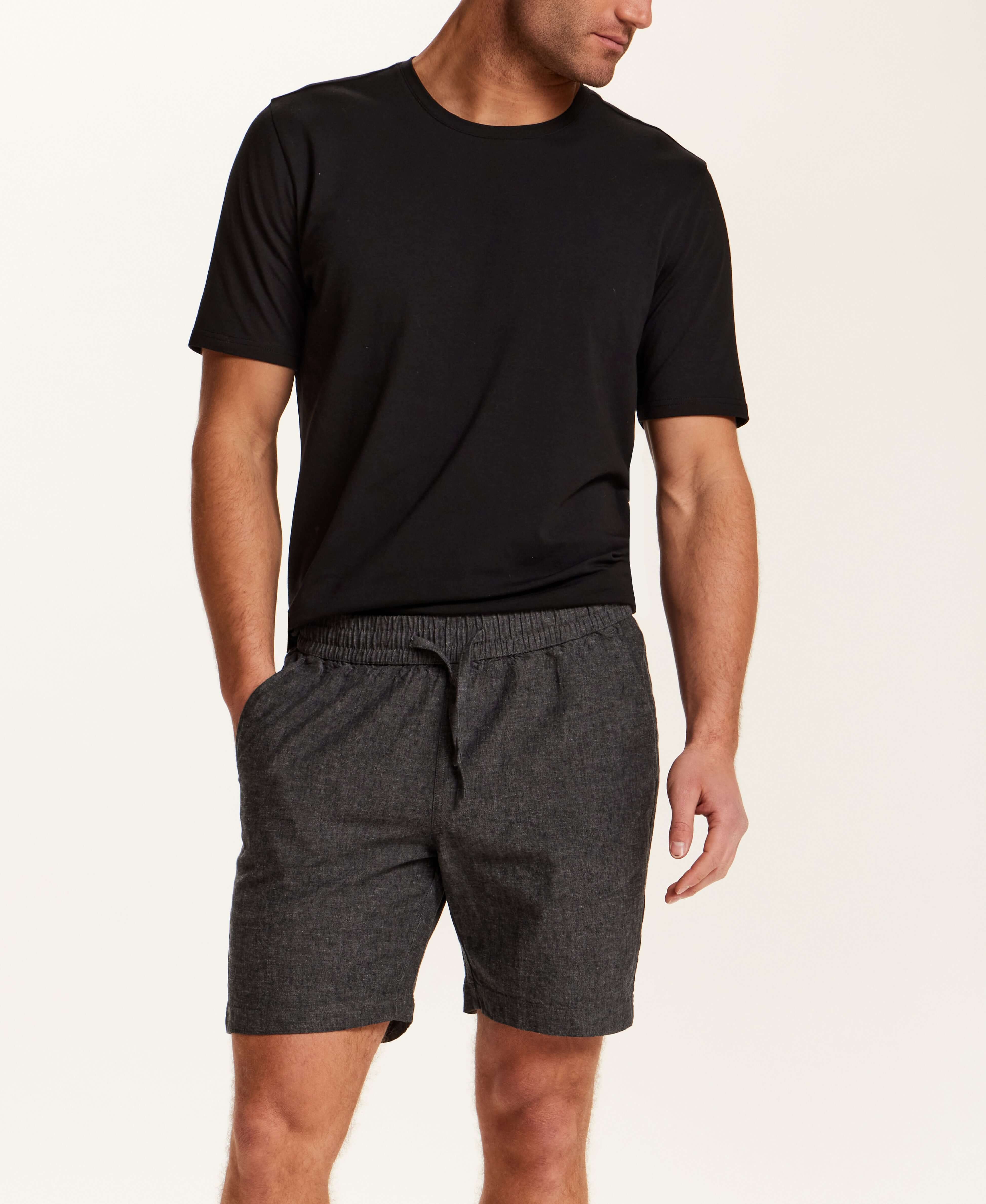 Bundle Short Sleeve Linen Shirt in Teal Mist + Chambray Stripe Drawstring Short in Black