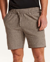 Chambray Stripe Drawstring Short in Black Stripe featuring a linen-cotton blend and elastic waistband, perfect for warm days.
