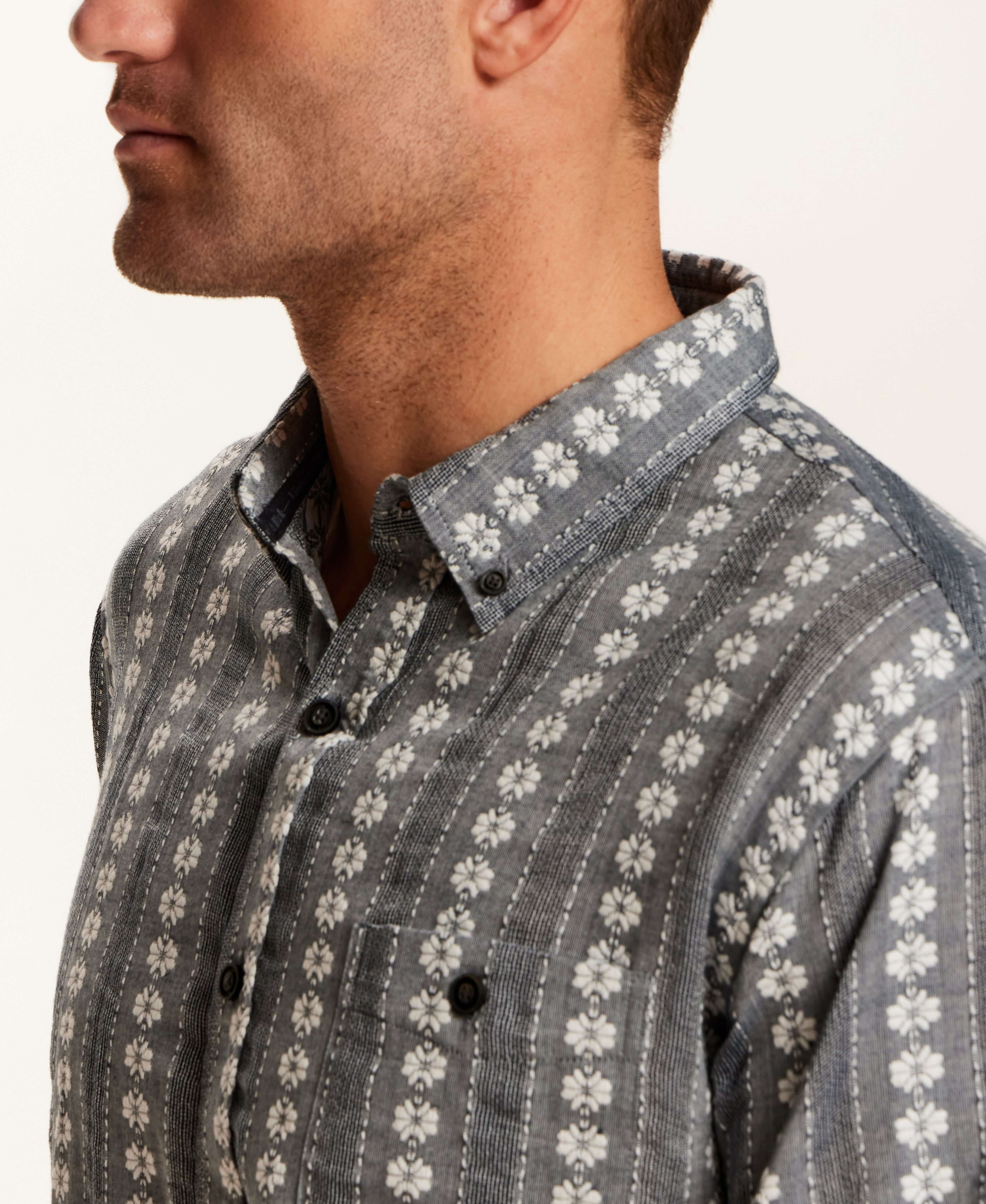 Embroidered Floral Stripe Shirt in Grey showcasing floral patterns and button-down collar.