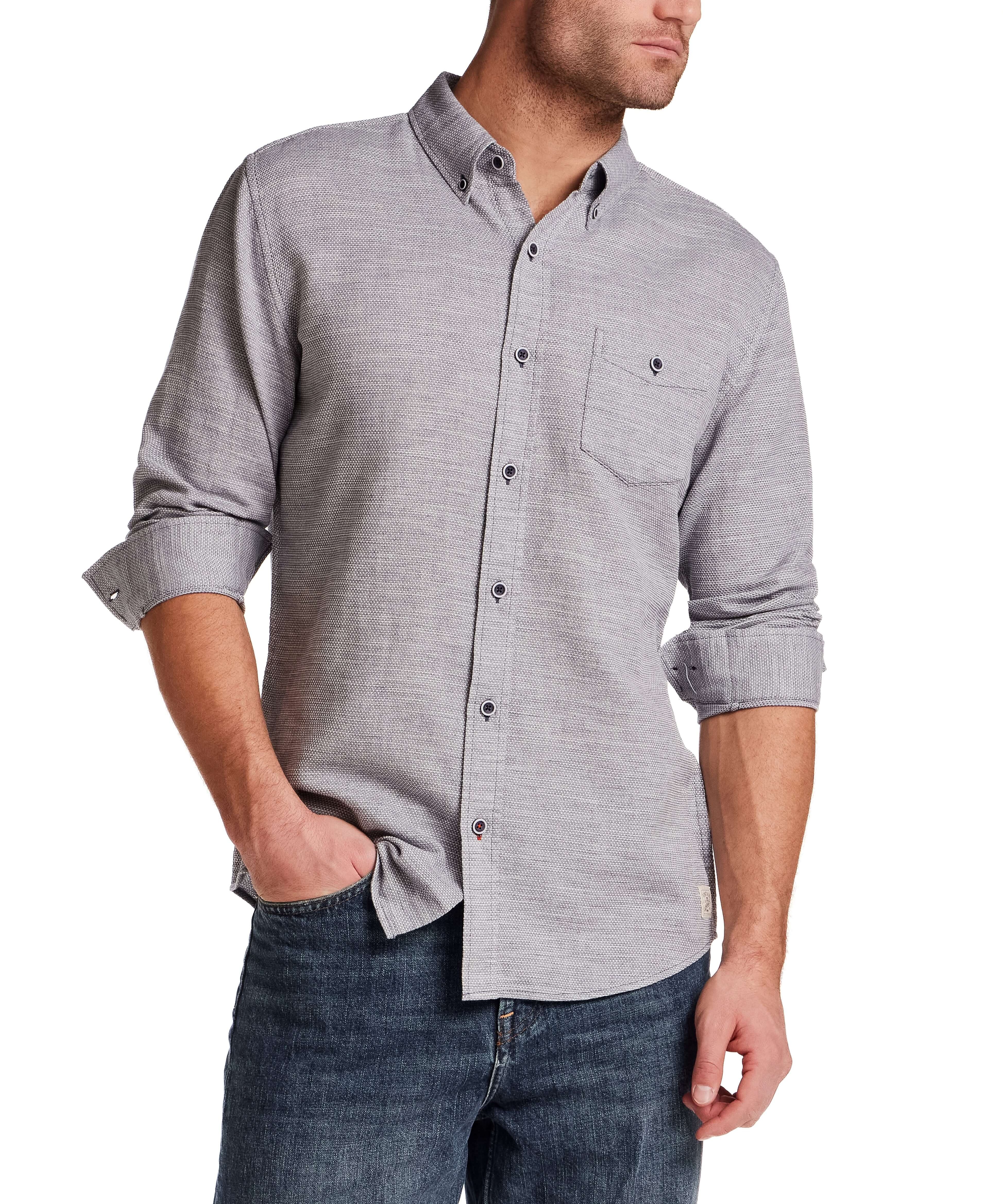 Pebble Dobby Button-Down Shirt in Maritime Blue on model, showcasing textured fabric and button-down collar.