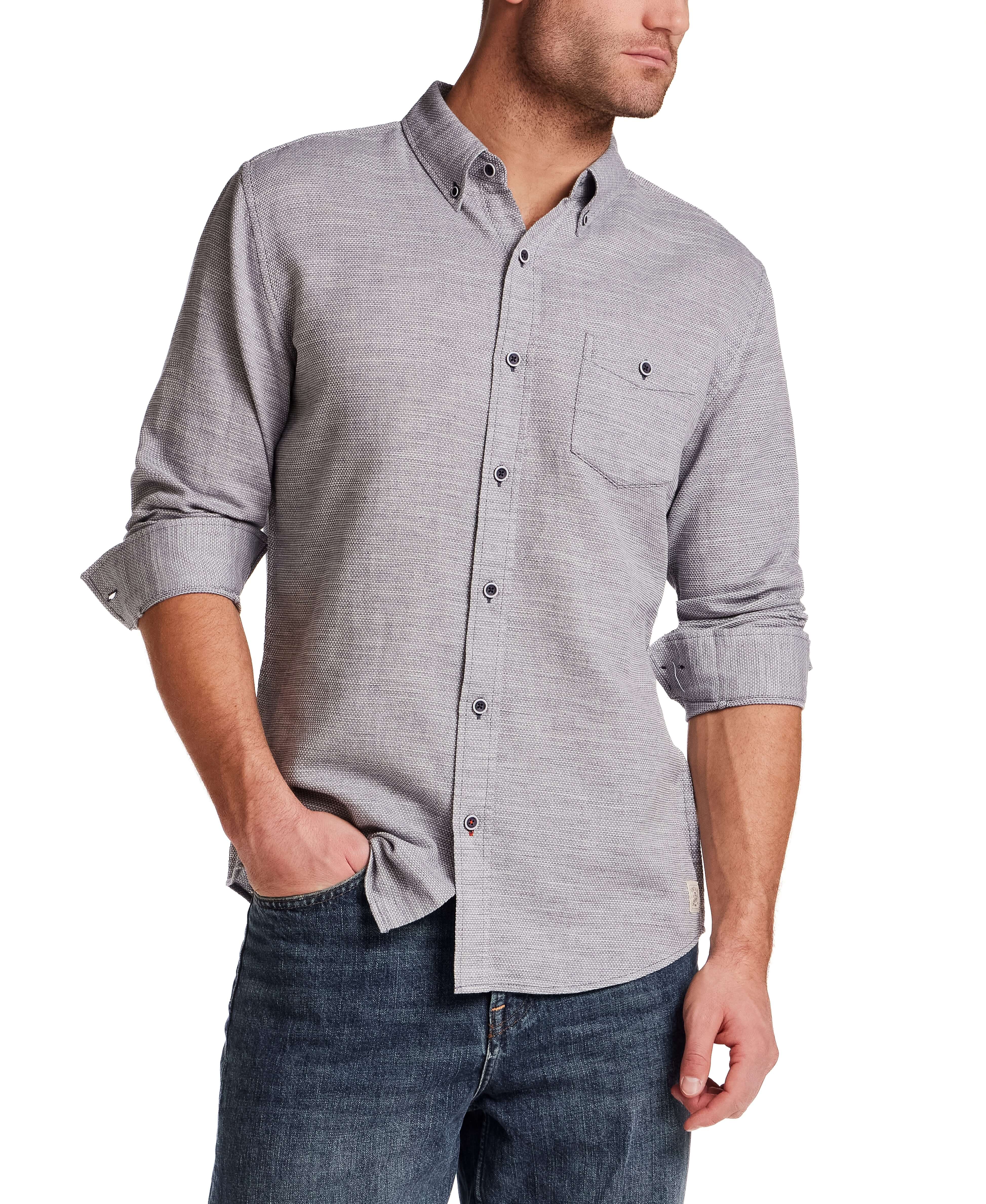 Pebble Dobby Button-Down Shirt in Maritime Blue on model, showcasing textured fabric and button-down collar.