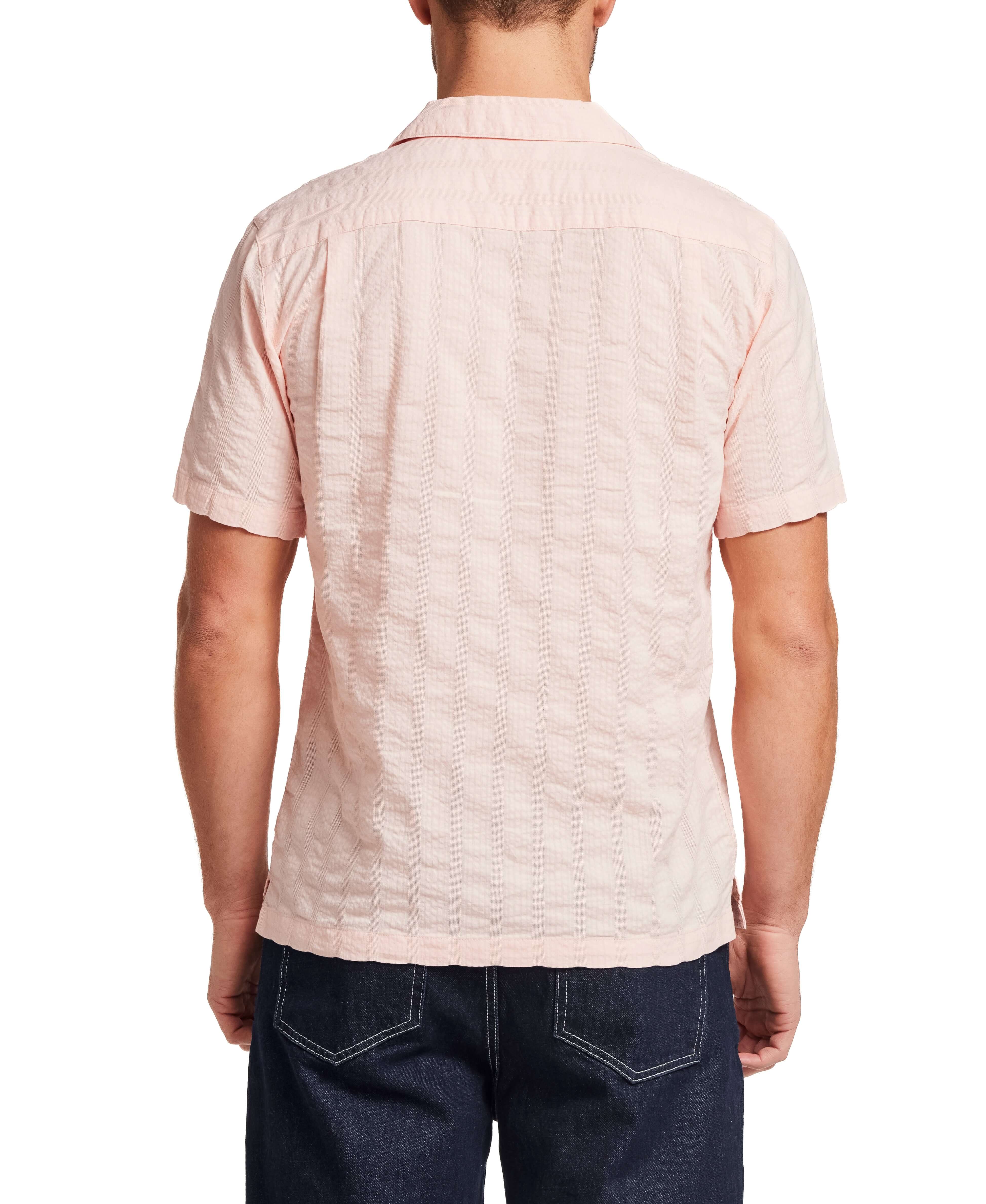 Back view of a man wearing a Cotton Dobby Seersucker Shirt in Chintz Rose, showcasing the lightweight texture.