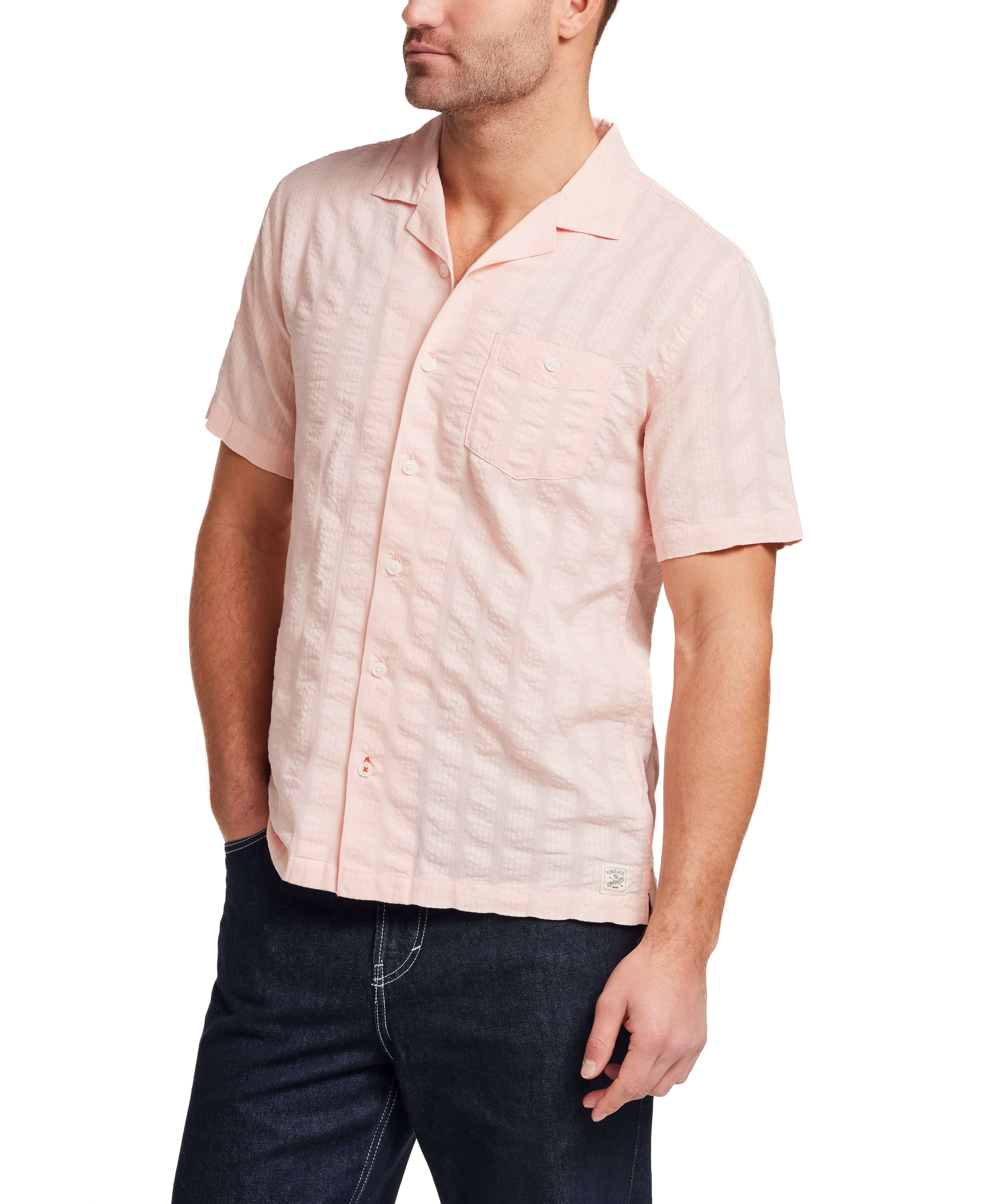 Cotton Dobby Seersucker Shirt in Chintz Rose worn by a model, showcasing its lightweight and breathable short sleeve design.