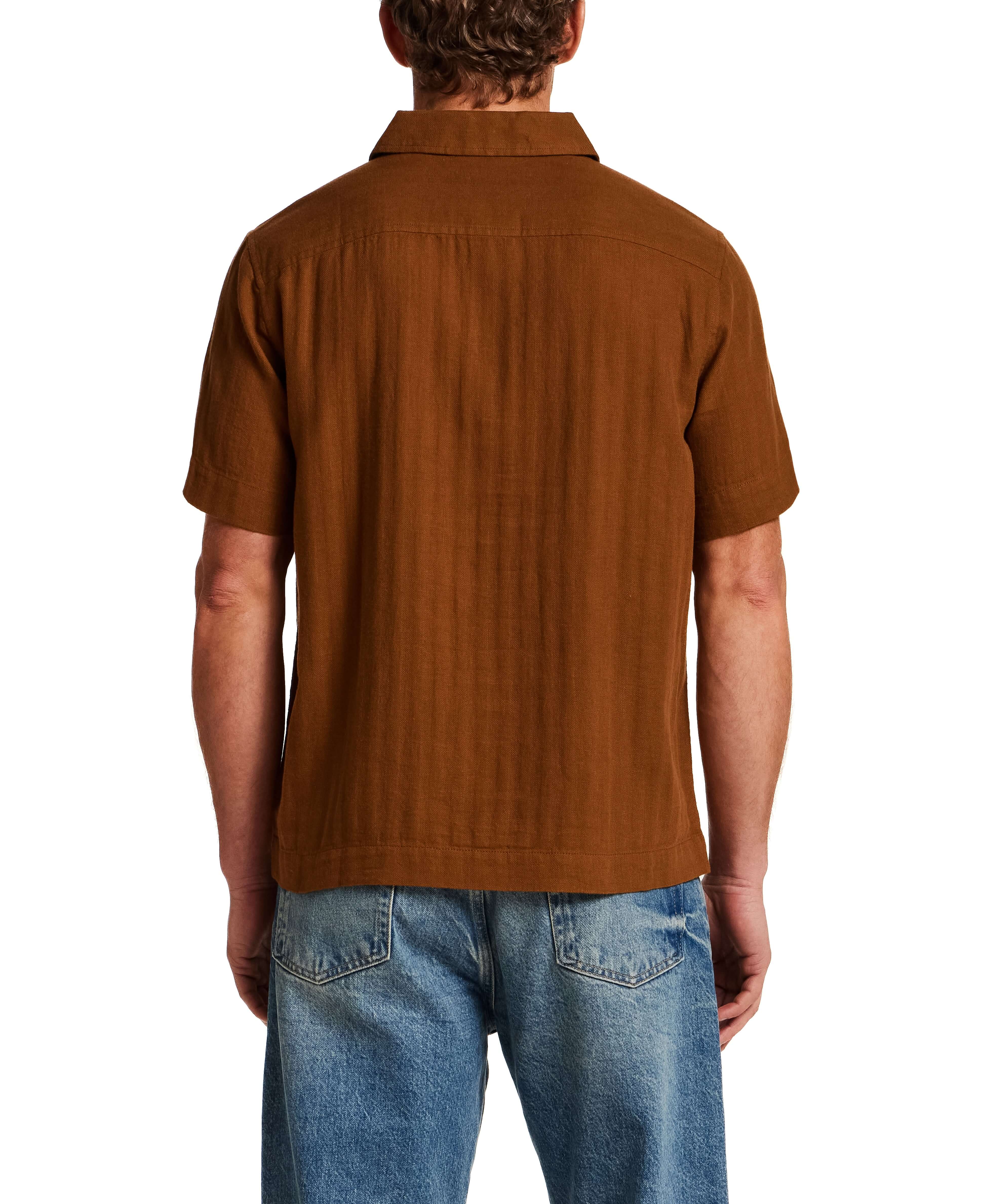 Cotton Gauze Herringbone Polo in Retro Brown, back view showcasing short sleeves and relaxed fit.