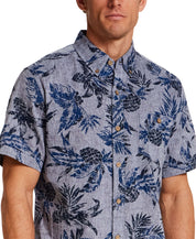 The Linen Cotton Print Shirt in Dress Blue featuring a floral pattern and relaxed fit, perfect for casual wear.