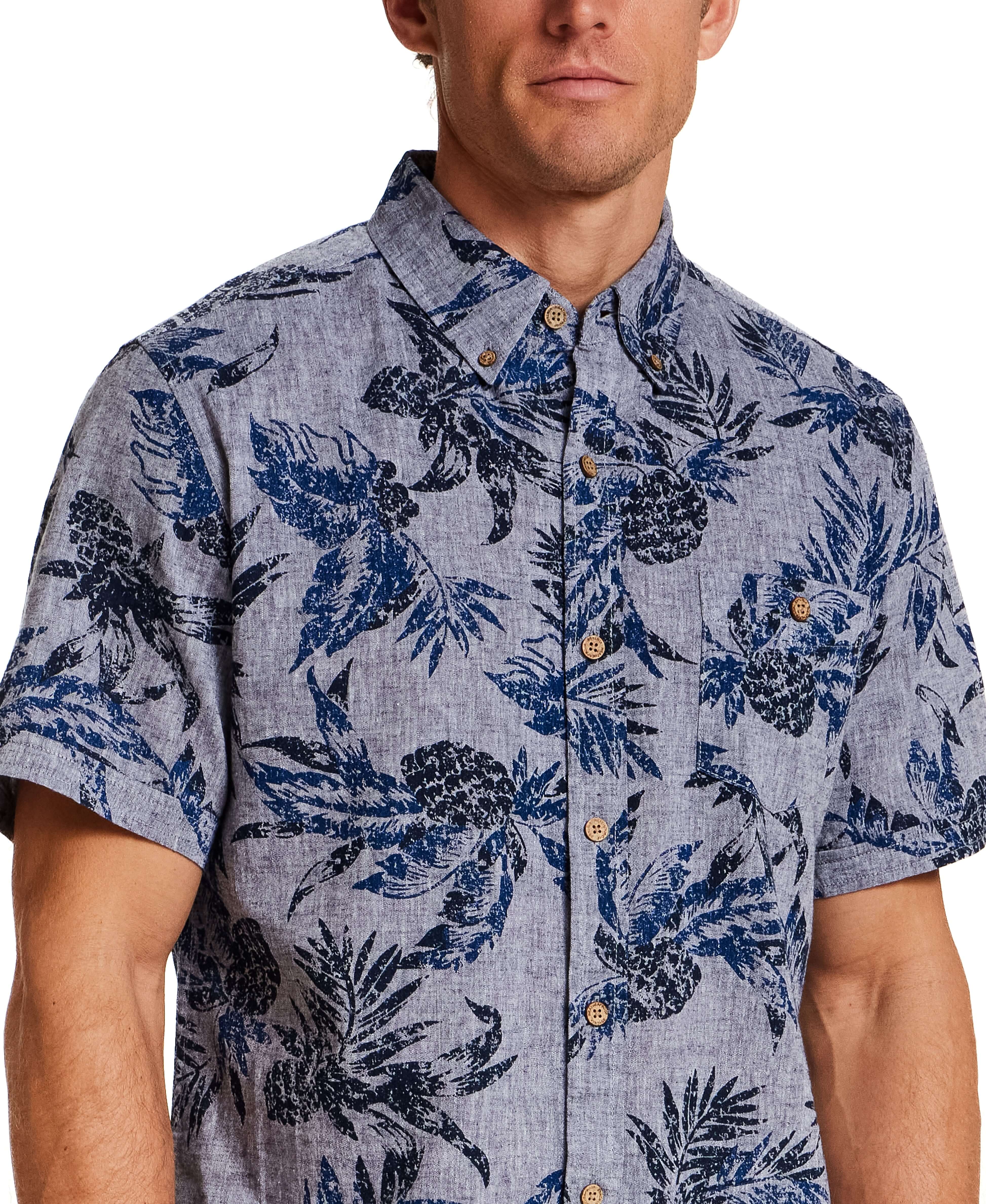 The Linen Cotton Print Shirt in Dress Blue featuring a floral pattern and relaxed fit, perfect for casual wear.