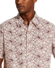 100% Cotton Linen-Texture Shirt in Rose Brown featuring a floral pattern and button front on a male model.