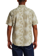 100% Cotton Linen-Texture Shirt in Sea Grass - Back view showcasing floral pattern and short sleeves.