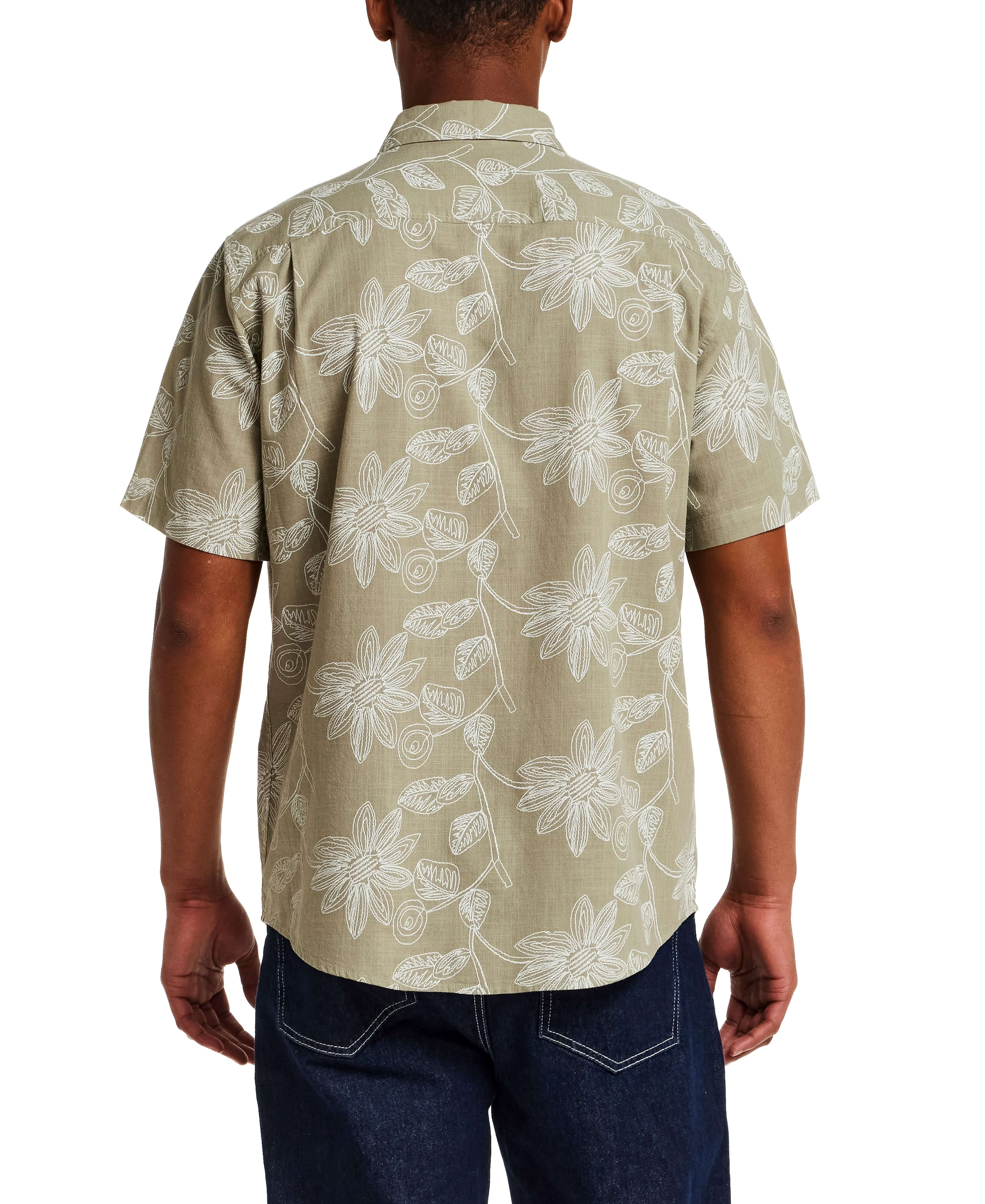 100% Cotton Linen-Texture Shirt in Sea Grass - Back view showcasing floral pattern and short sleeves.