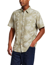 100% Cotton Linen-Texture Shirt in Sea Grass with short sleeves and floral pattern, relaxed fit.