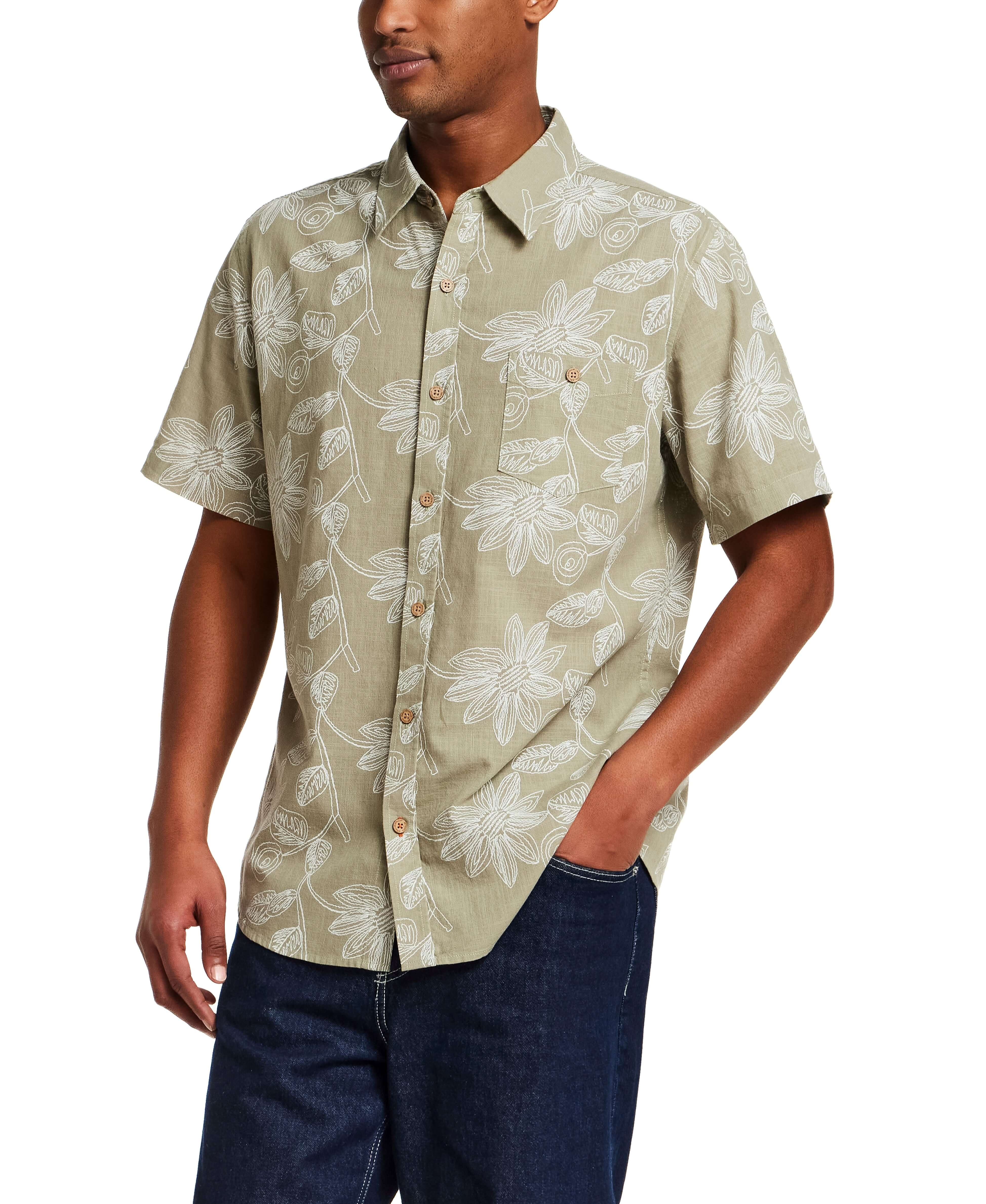 100% Cotton Linen-Texture Shirt in Sea Grass with short sleeves and floral pattern, relaxed fit.