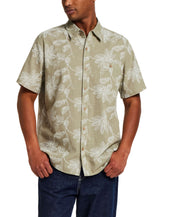 100% Cotton Linen-Texture Shirt in Sea Grass featuring floral pattern and short sleeves.