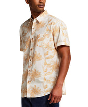 100% Cotton Linen-Texture Shirt in Sunrise on model, showcasing floral pattern and short sleeves.