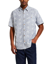 100% Cotton Linen-Texture Shirt in Infinity Blue featuring breathable floral pattern and button front design.