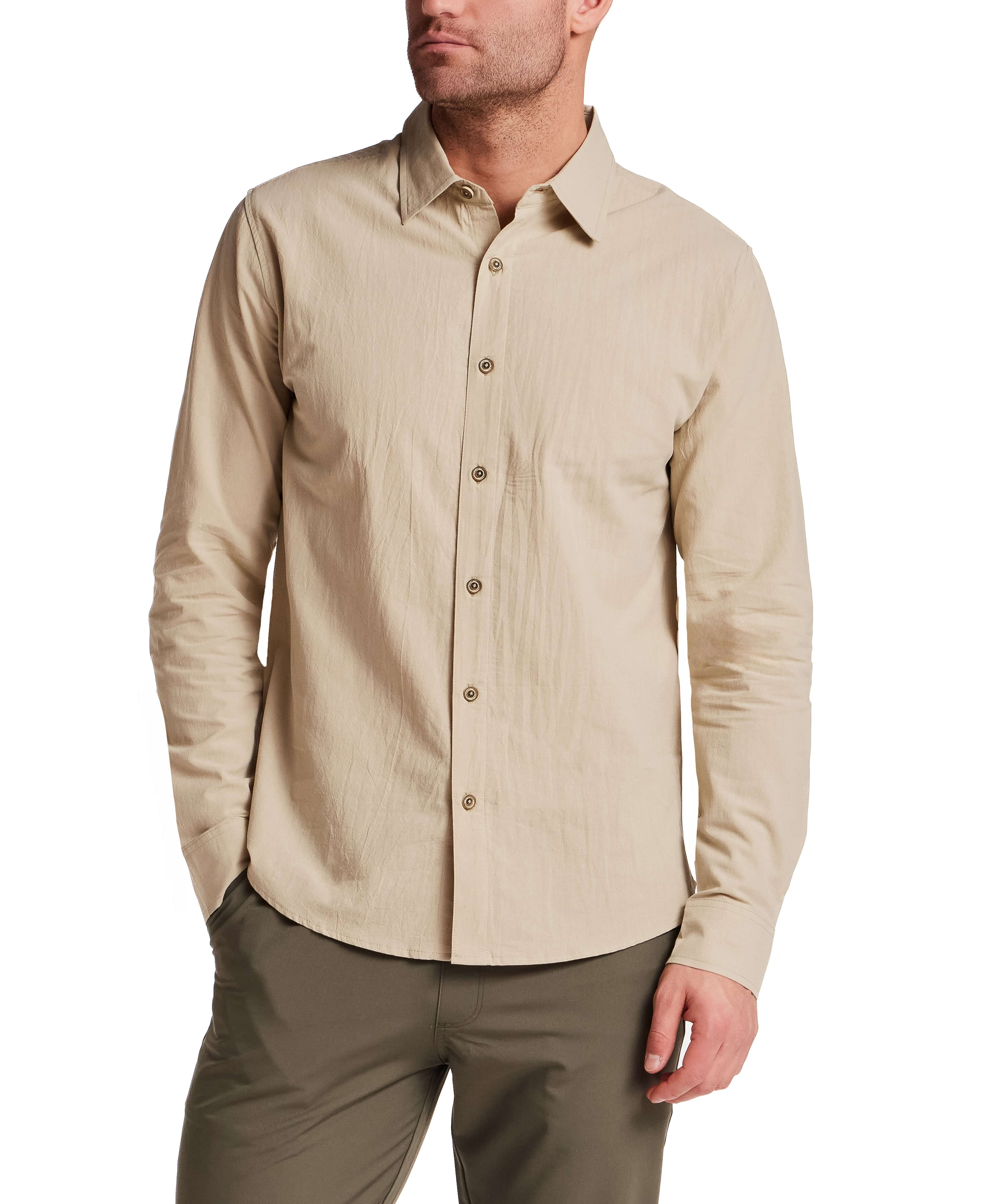 Long Sleeve Cotton Sheeting Shirt in Khaki worn by a model, featuring a button front and long sleeves.