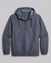 Distressed Poplin Hooded Pullover in Indigo, featuring a half-zip front and adjustable hood for a refined look.