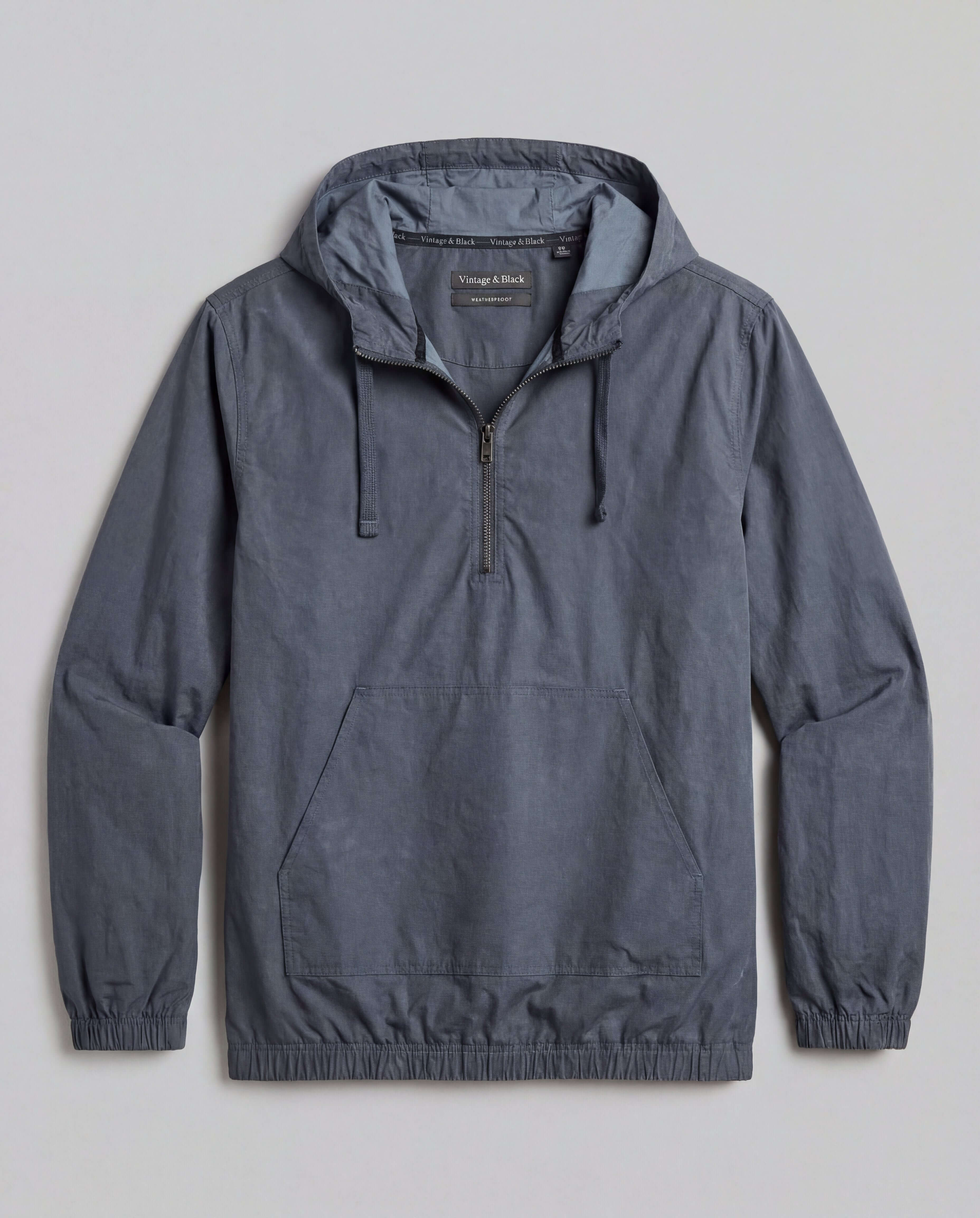 Distressed Poplin Hooded Pullover in Indigo, featuring a half-zip front and adjustable hood for a refined look.