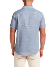 Double Layer Dobby Short Sleeve Shirt in Dusty Blue, back view, featuring a subtle textured pattern.