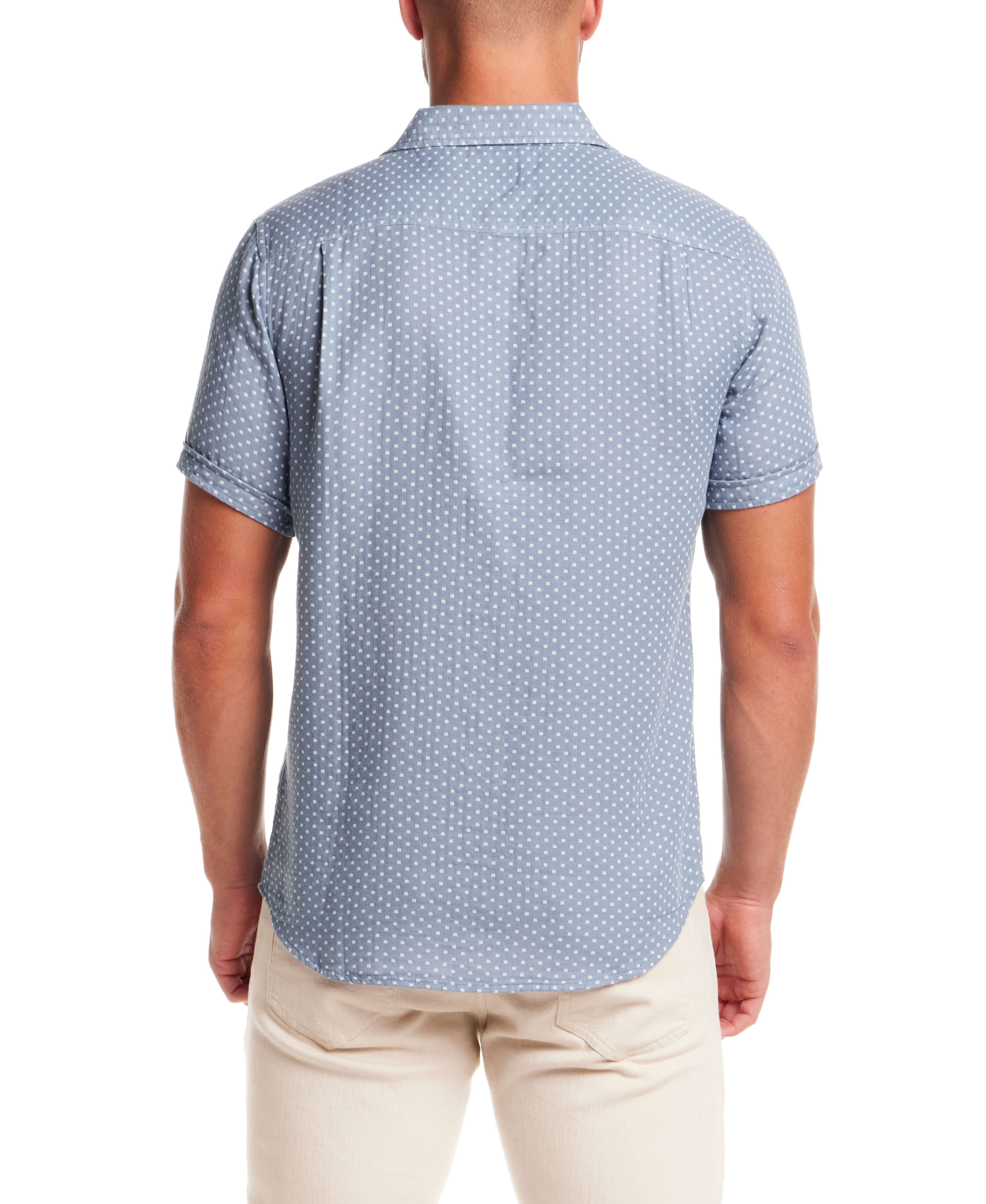 Double Layer Dobby Short Sleeve Shirt in Dusty Blue, back view, featuring a subtle textured pattern.