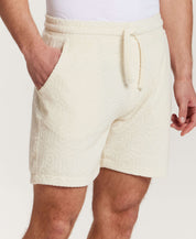 Geometric Terry Drawstring Short in Stone featuring soft terry fabric and relaxed fit with drawstring waist.