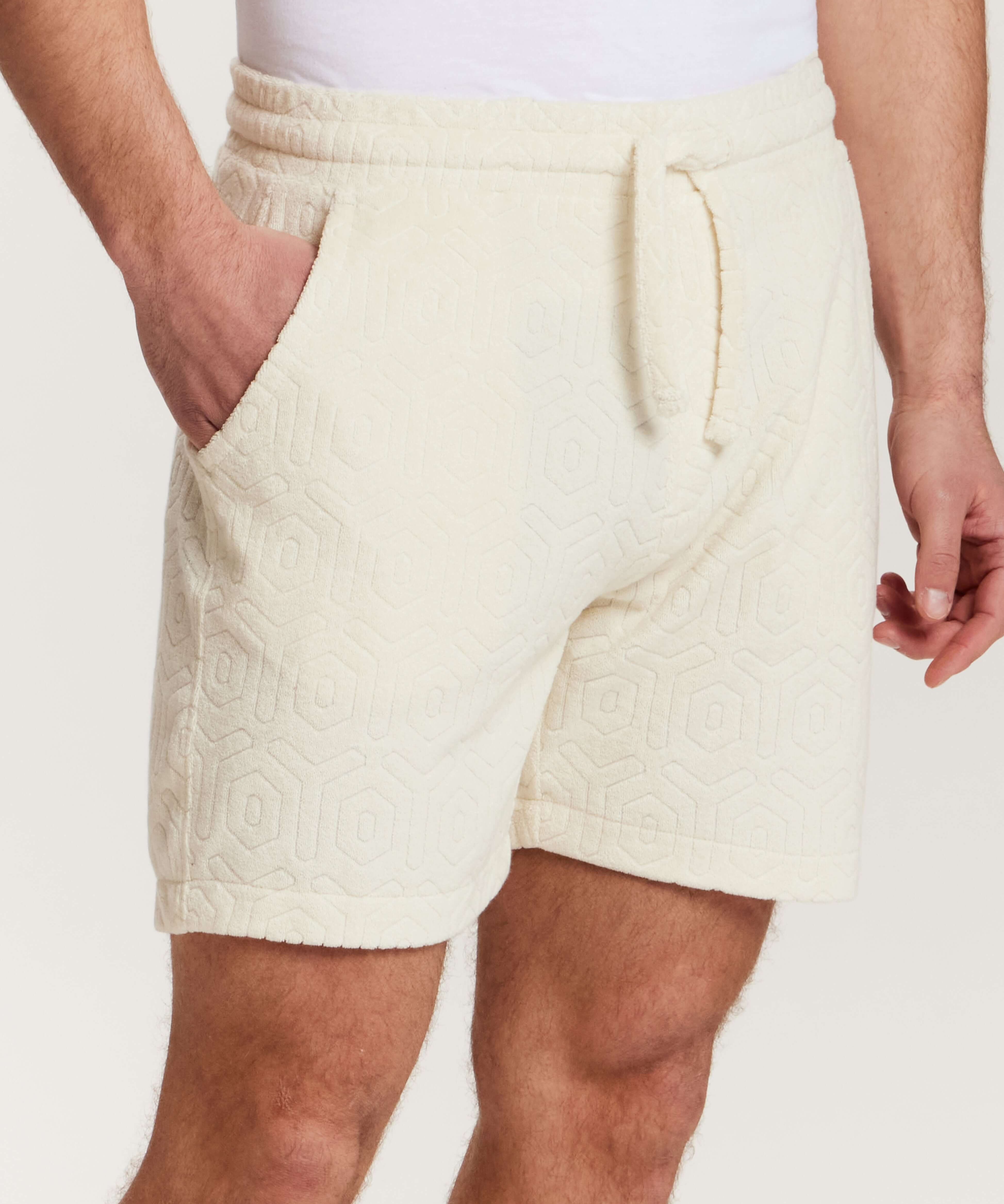Geometric Terry Drawstring Short in Stone featuring soft terry fabric and relaxed fit with drawstring waist.