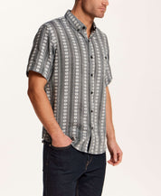 Embroidered Floral Stripe Shirt in Grey worn by a model, featuring a charcoal base and vertical floral stripes.