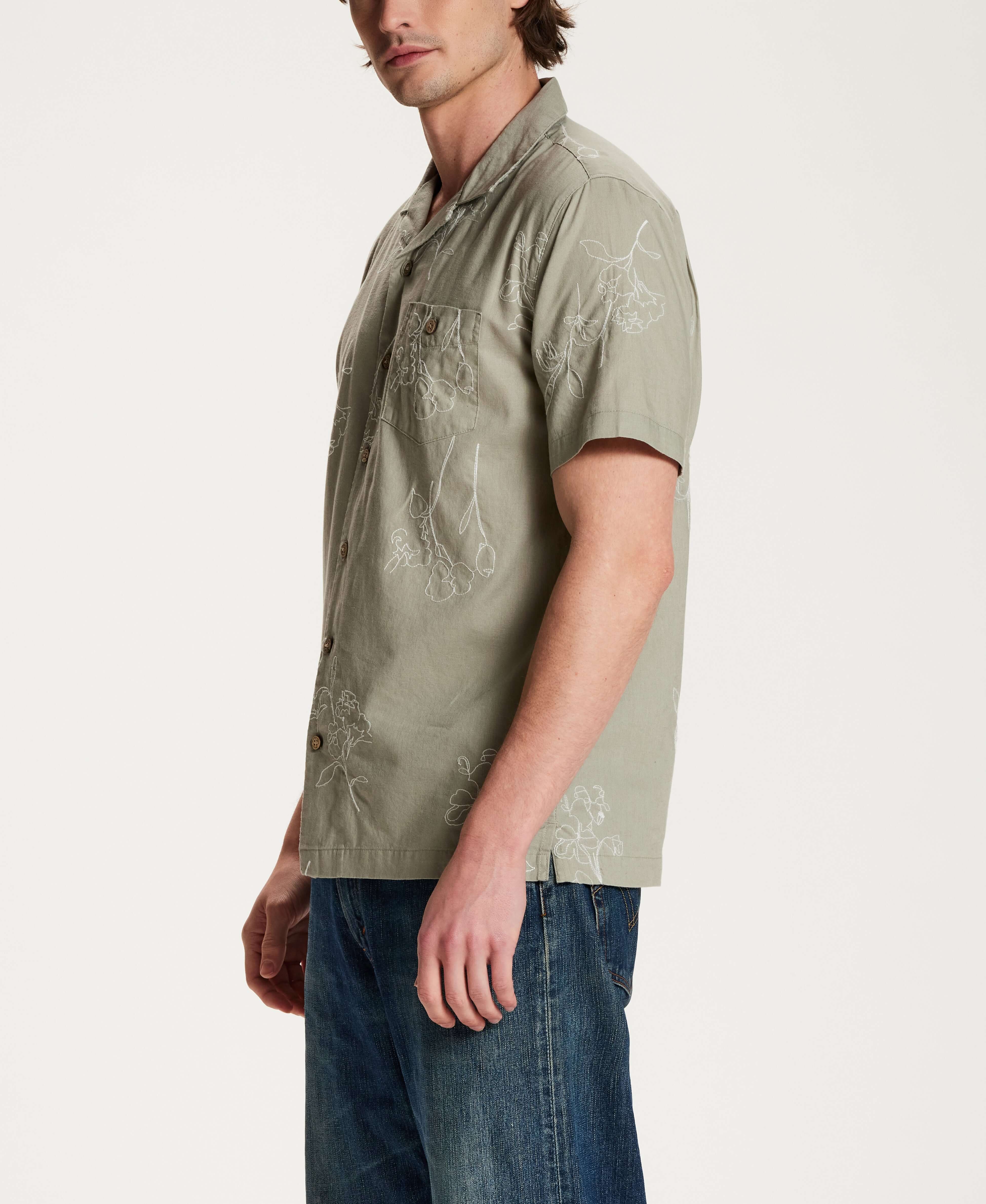 Embroidered Linen Blend Camp Shirt in Sea Grass