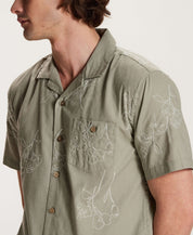 Embroidered Linen Blend Camp Shirt in Sea Grass
