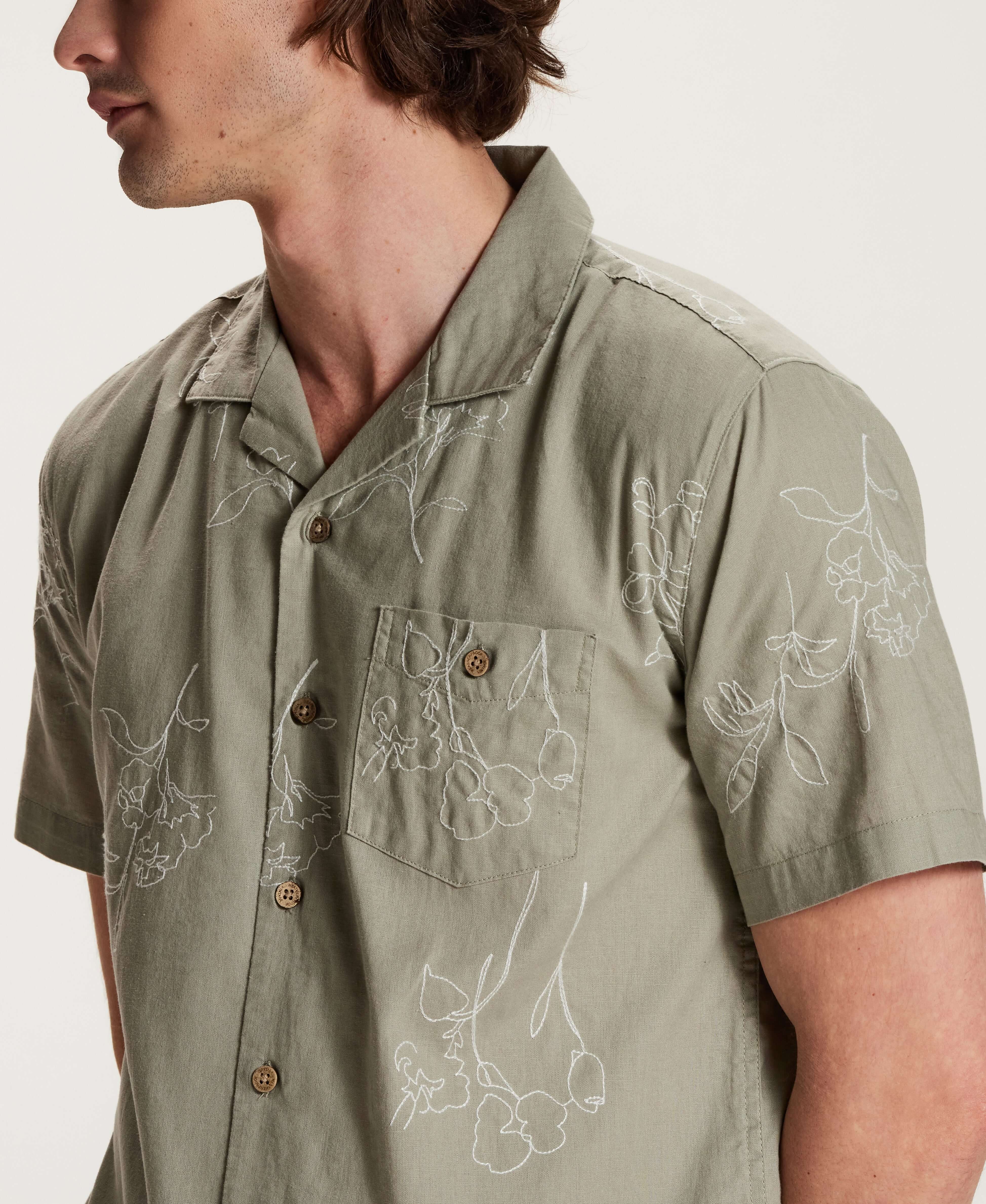 Embroidered Linen Blend Camp Shirt in Sea Grass